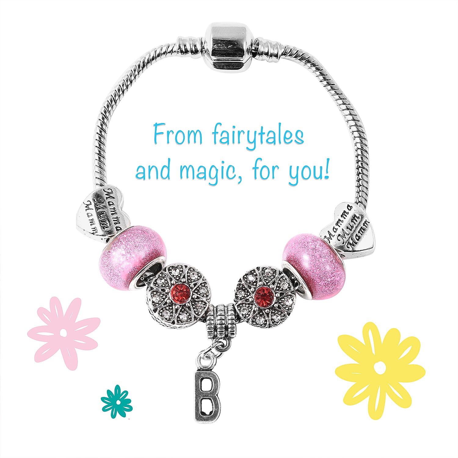 B Initial Charm Bracelet for Children in Simulated Pink Colour Bead, Red and White Austrian Crystal Size 6.5 Inch in Silver Tone
