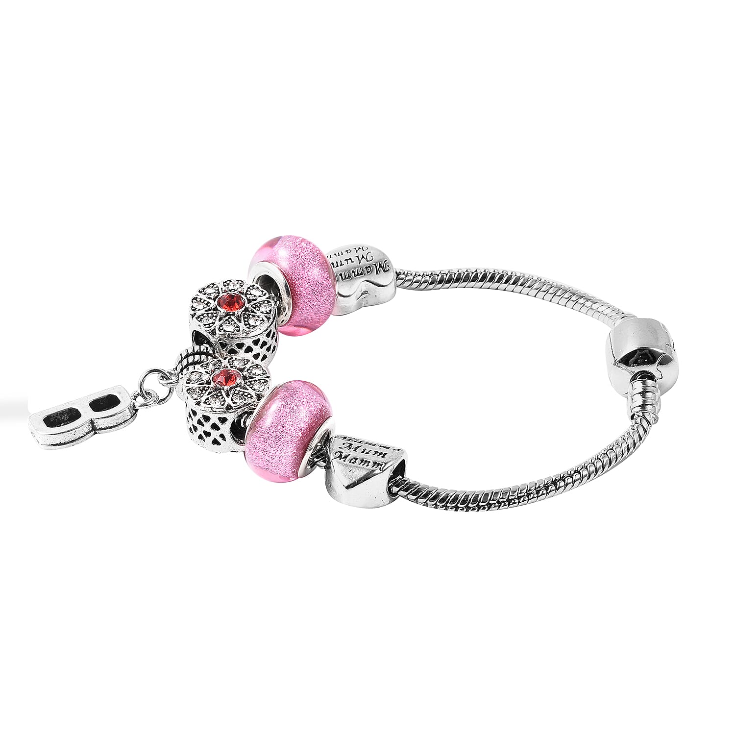 B Initial Charm Bracelet for Children in Simulated Pink Colour Bead, Red and White Austrian Crystal Size 6.5 Inch in Silver Tone