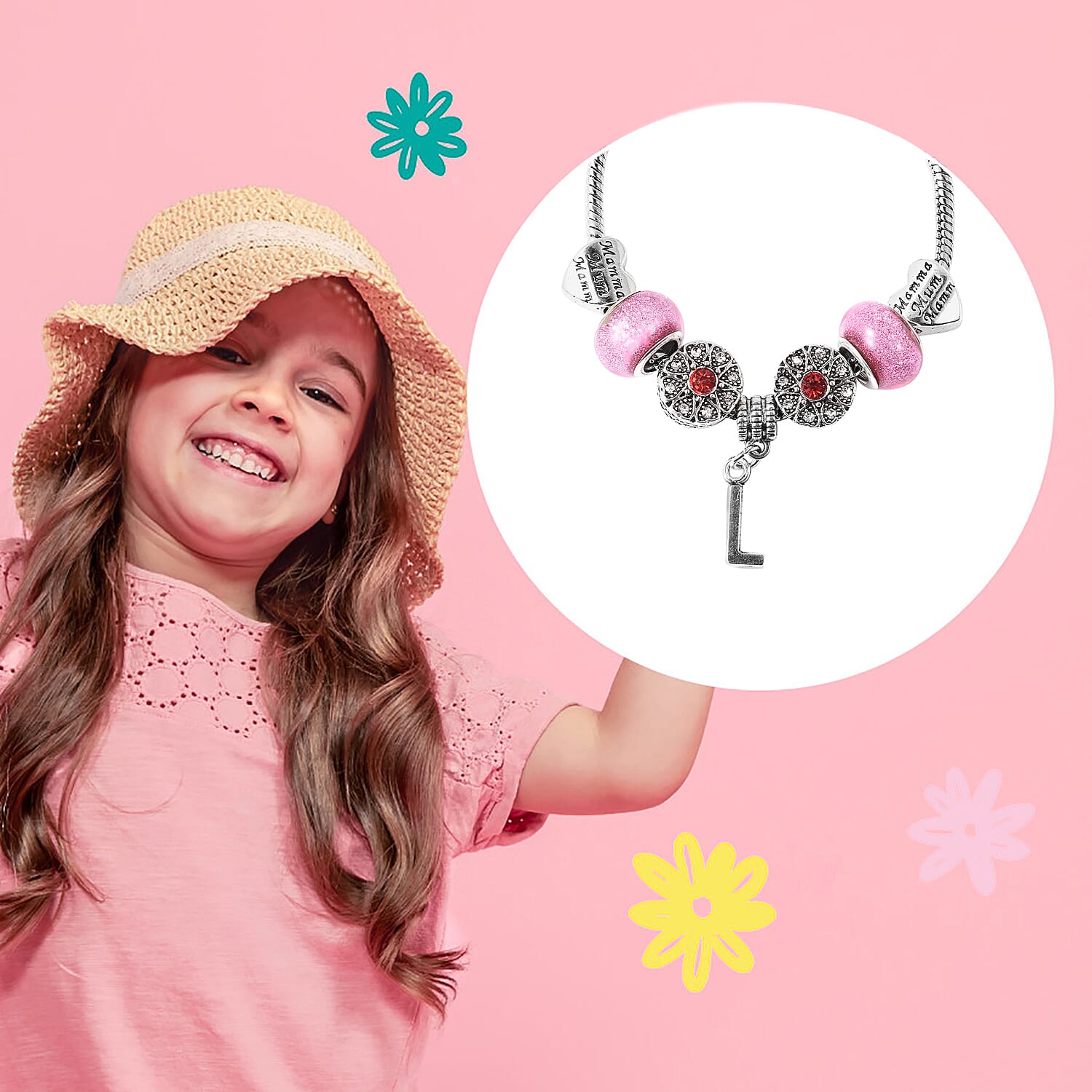 L Initial Charm Bracelet for Children in Simulated Pink Colour Bead, Red and White Austrian Crystal Size 6.5 Inch in Silver Tone