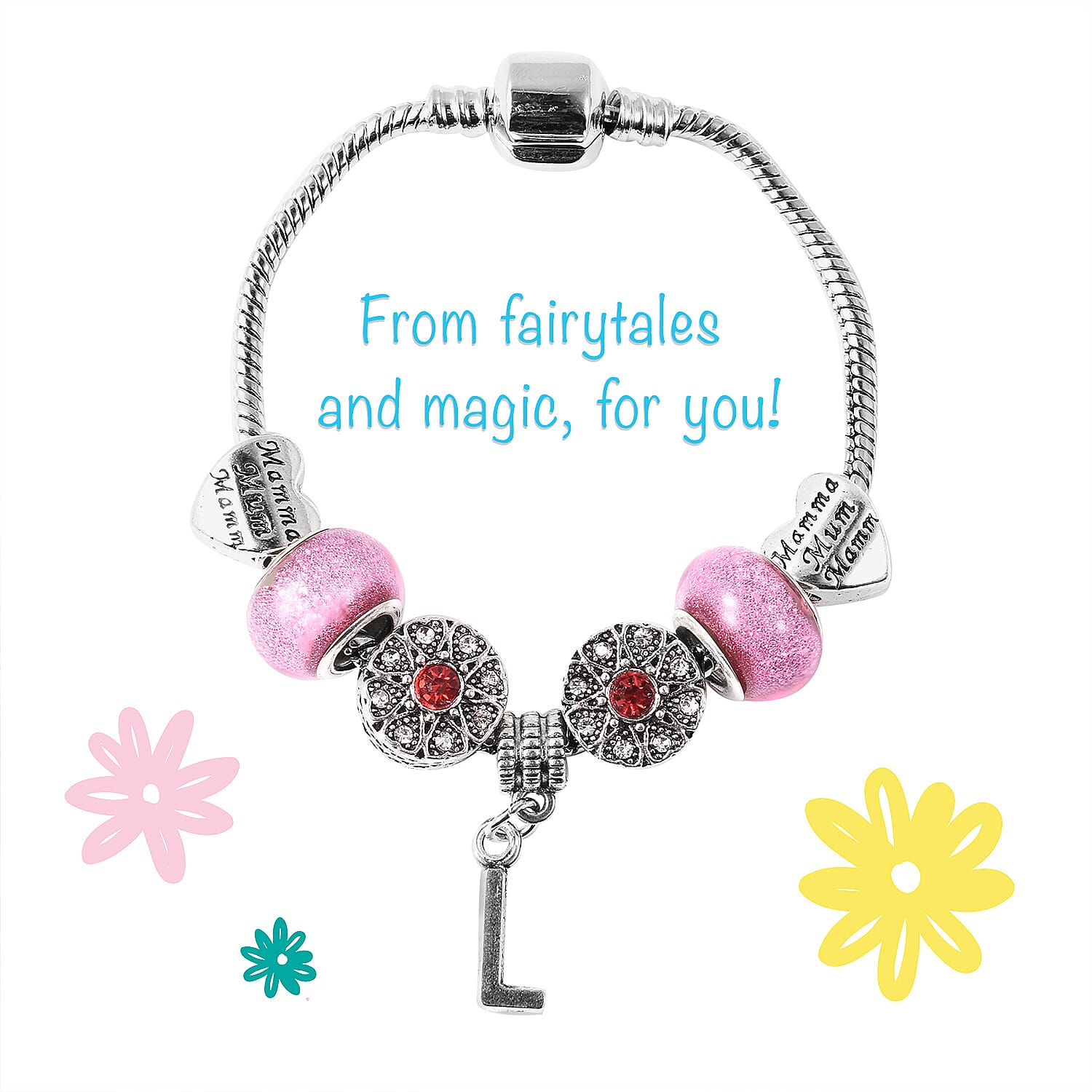 L Initial Charm Bracelet for Children in Simulated Pink Colour Bead, Red and White Austrian Crystal Size 6.5 Inch in Silver Tone