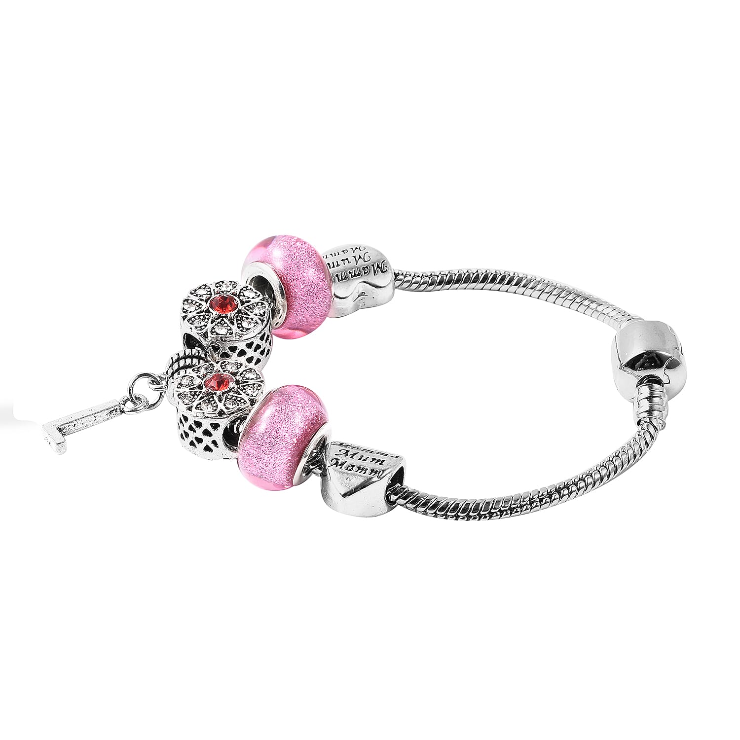 L Initial Charm Bracelet for Children in Simulated Pink Colour Bead, Red and White Austrian Crystal Size 6.5 Inch in Silver Tone
