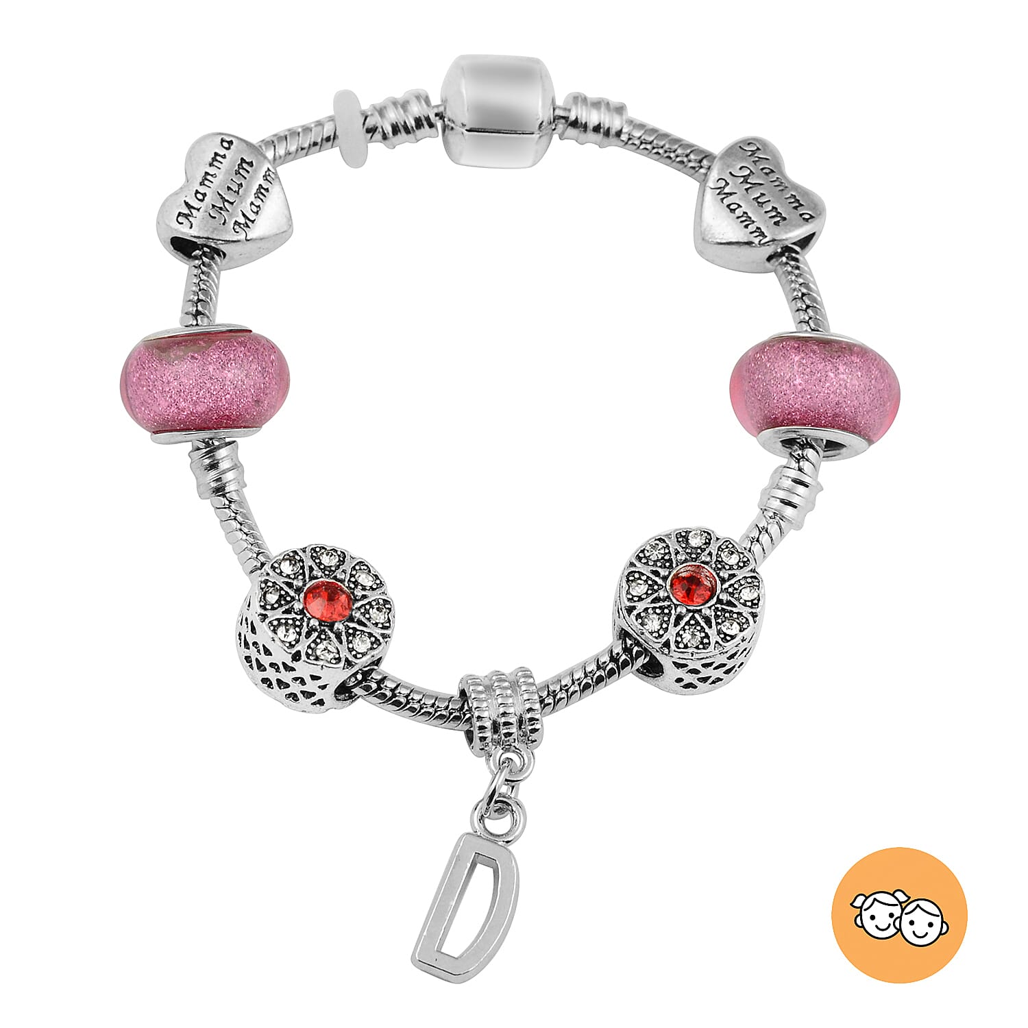 D Initial Charm Bracelet for Children in Simulated Pink Colour Bead, Red and White Austrian Crystal Size 6.5 Inch in Silver Tone