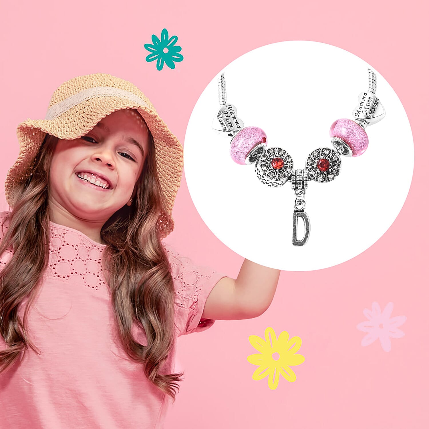 D Initial Charm Bracelet for Children in Simulated Pink Colour Bead, Red and White Austrian Crystal Size 6.5 Inch in Silver Tone