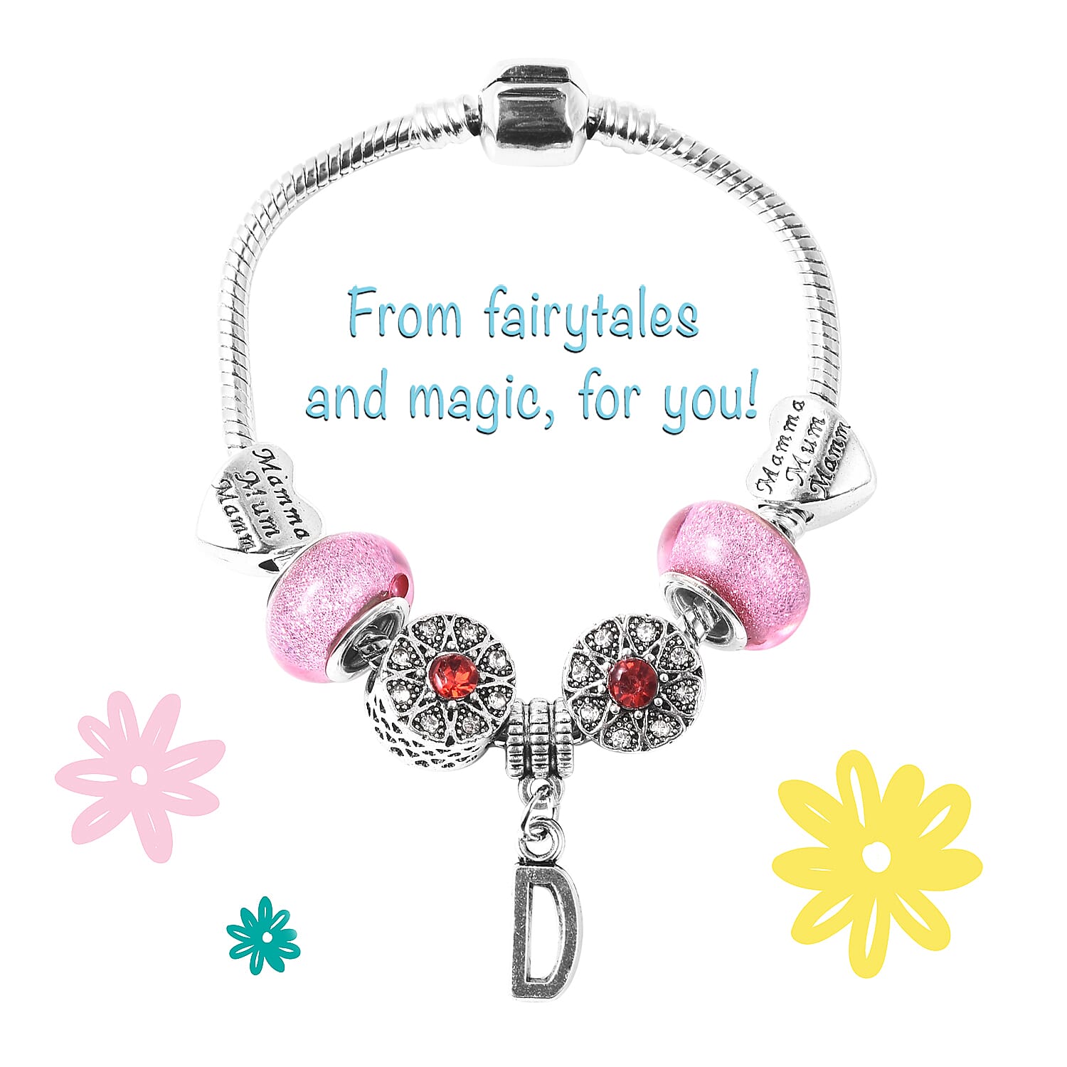 D Initial Charm Bracelet for Children in Simulated Pink Colour Bead, Red and White Austrian Crystal Size 6.5 Inch in Silver Tone