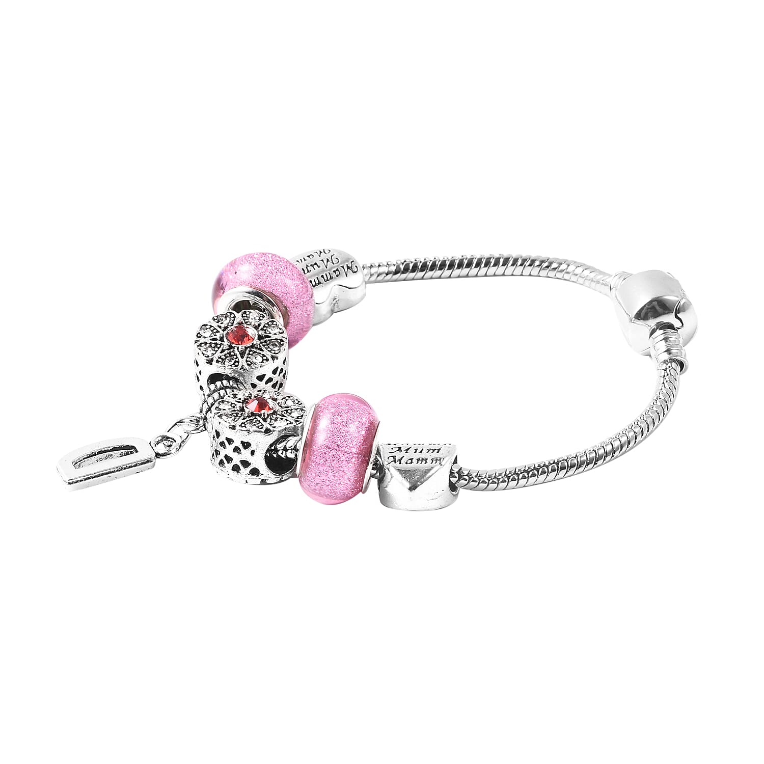 D Initial Charm Bracelet for Children in Simulated Pink Colour Bead, Red and White Austrian Crystal Size 6.5 Inch in Silver Tone