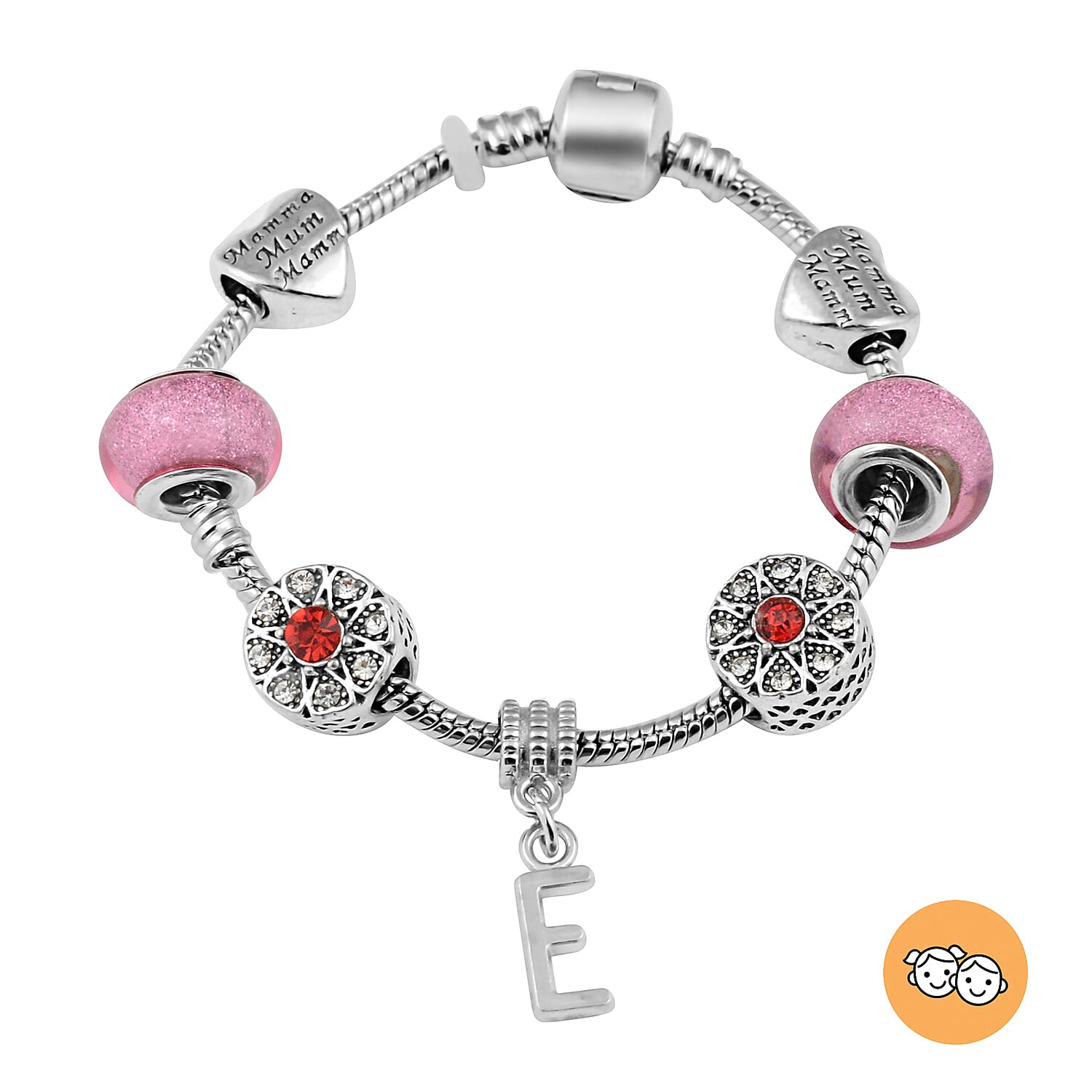 E Initial Charm Bracelet for Children in Simulated Pink Colour Bead, Red and White Austrian Crystal Size 6.5 Inch in Silver Tone