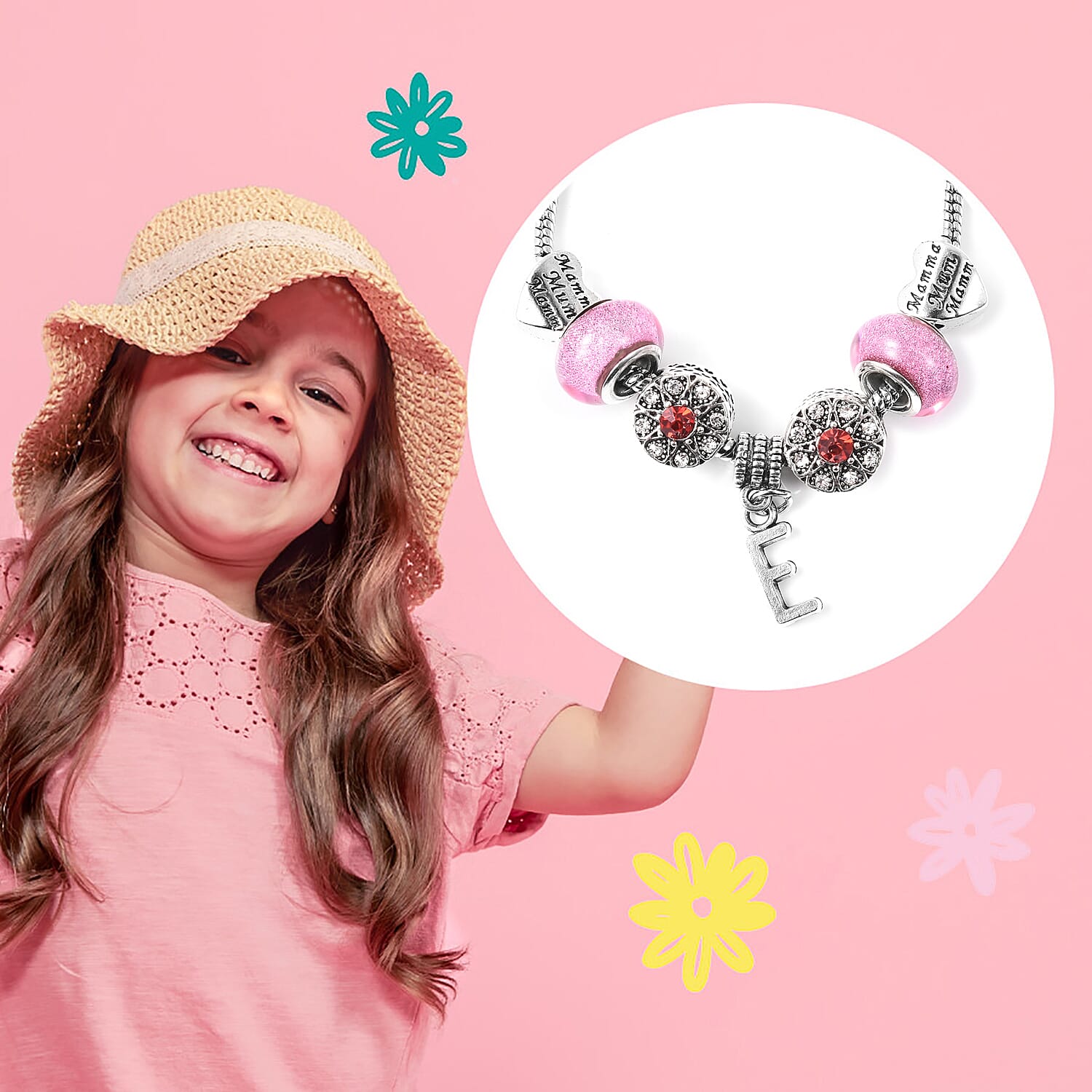 E Initial Charm Bracelet for Children in Simulated Pink Colour Bead, Red and White Austrian Crystal Size 6.5 Inch in Silver Tone