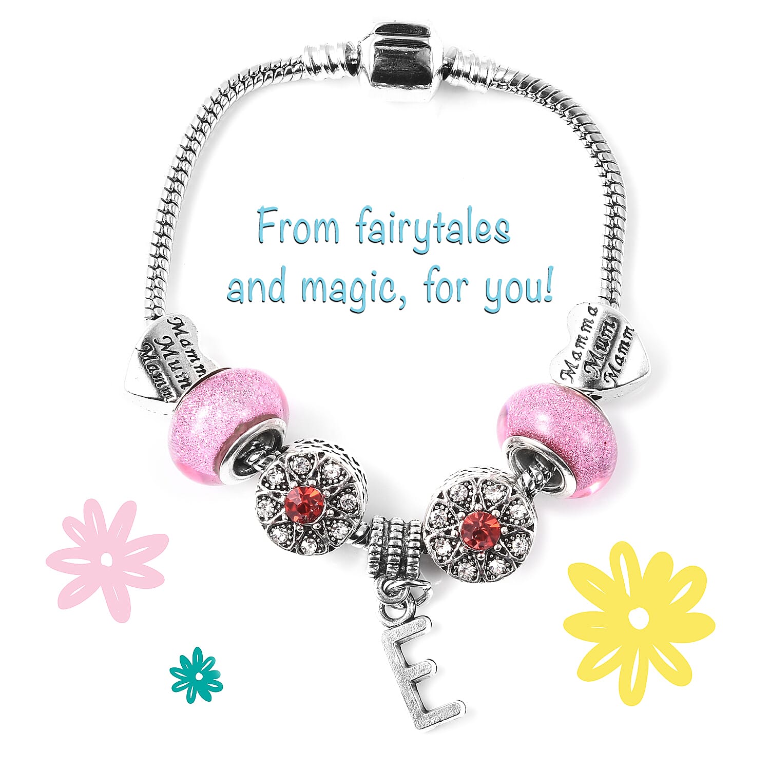 E Initial Charm Bracelet for Children in Simulated Pink Colour Bead, Red and White Austrian Crystal Size 6.5 Inch in Silver Tone