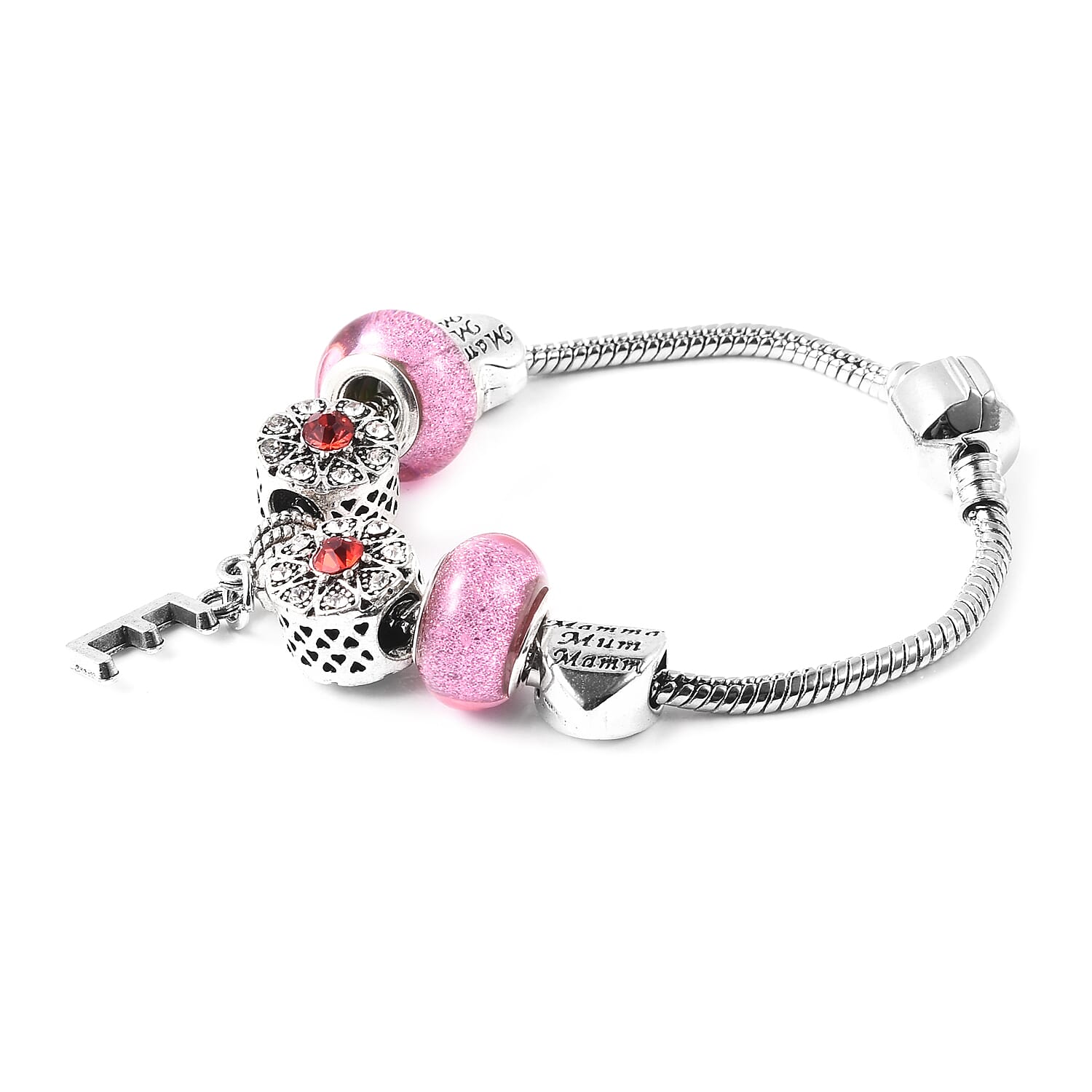 E Initial Charm Bracelet for Children in Simulated Pink Colour Bead, Red and White Austrian Crystal Size 6.5 Inch in Silver Tone