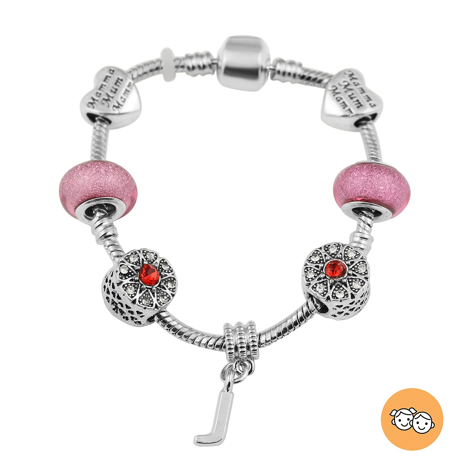 J Initial Charm Bracelet for Children in Simulated Pink Colour Bead, Red and White Austrian Crystal Size 6.5 Inch with Silver Tone