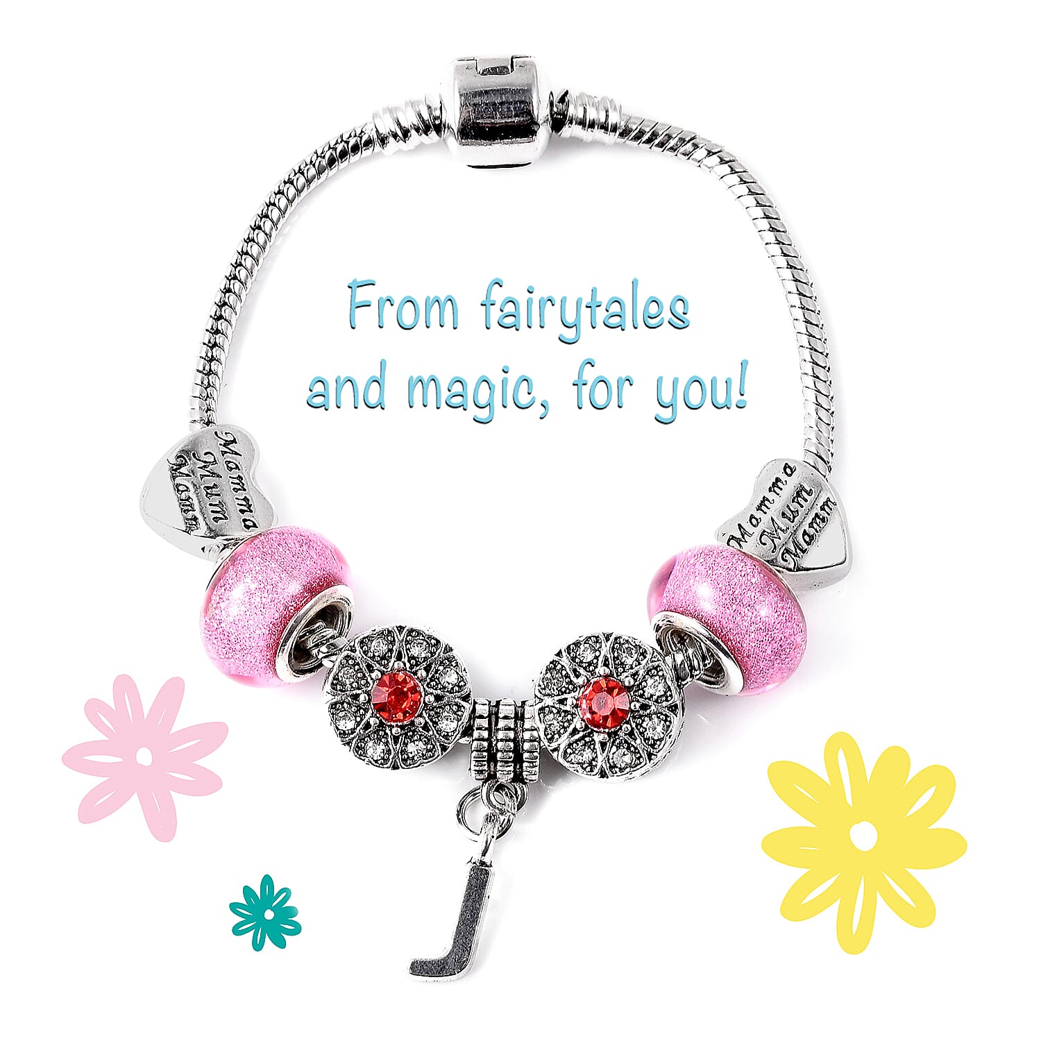 J Initial Charm Bracelet for Children in Simulated Pink Colour Bead, Red and White Austrian Crystal Size 6.5 Inch with Silver Tone