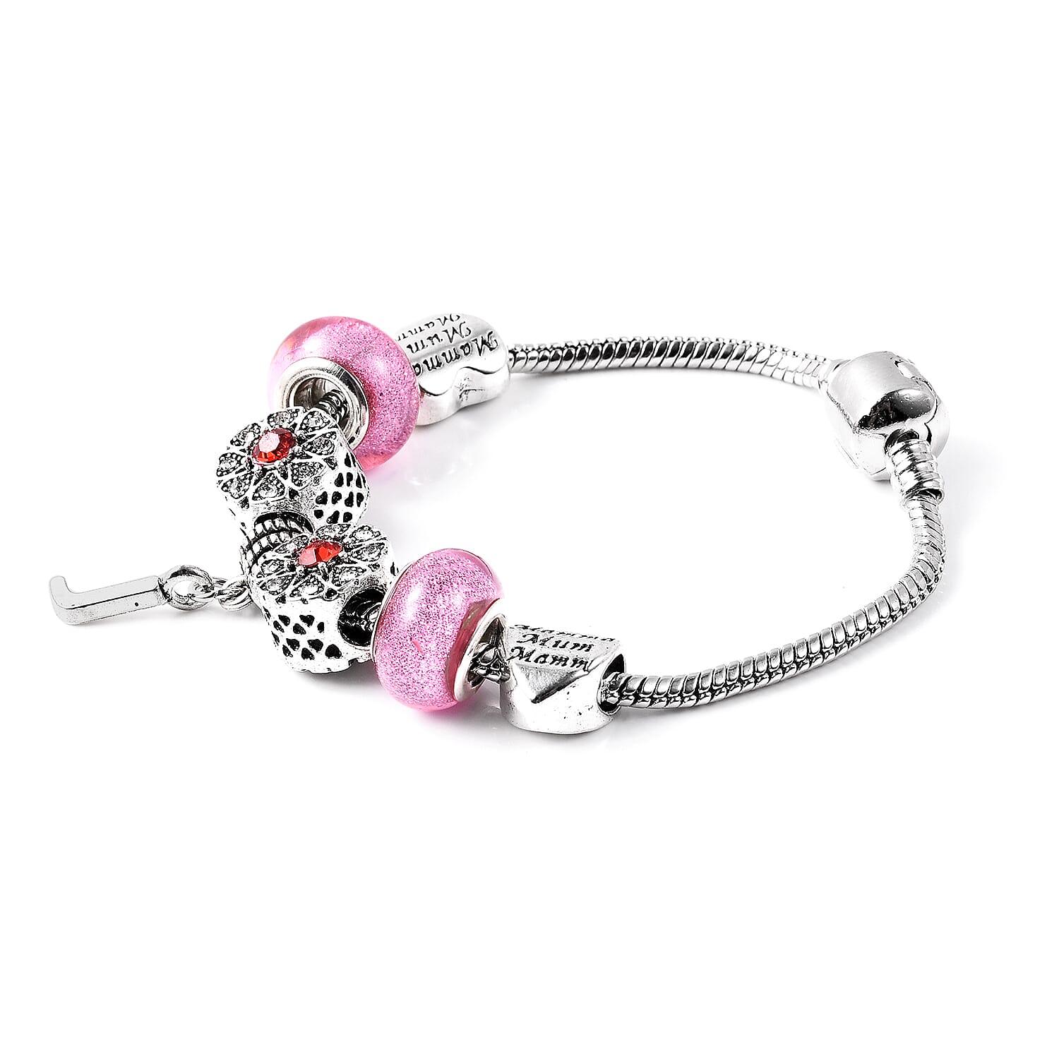 J Initial Charm Bracelet for Children in Simulated Pink Colour Bead, Red and White Austrian Crystal Size 6.5 Inch with Silver Tone