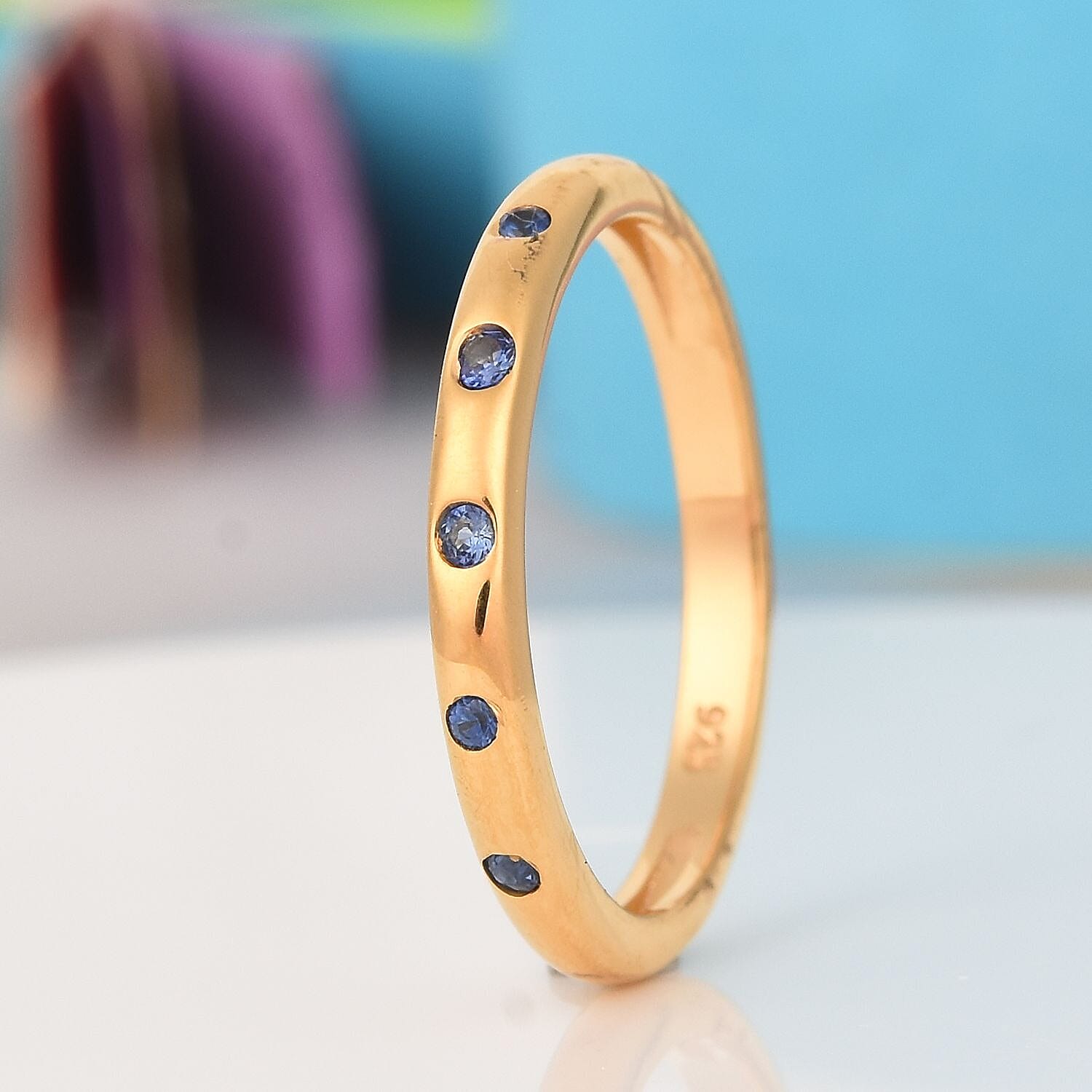 Royal Ceylon Sapphire Band Ring in 14K Gold Overlay Sterling Silver 0.10 Ct.