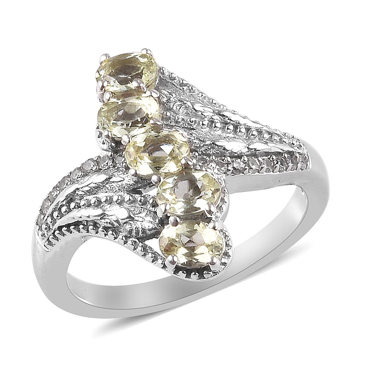 AA Madagascar Yellow Apatite and Natural Cambodian Zircon Crossover Ring in Platinum Overlay Sterling Silver 1.158 Ct.