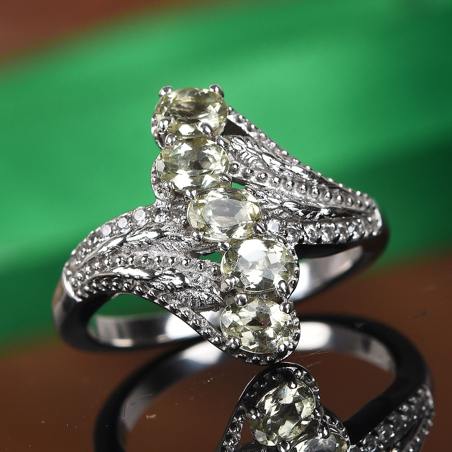 AA Madagascar Yellow Apatite and Natural Cambodian Zircon Crossover Ring in Platinum Overlay Sterling Silver 1.158 Ct.