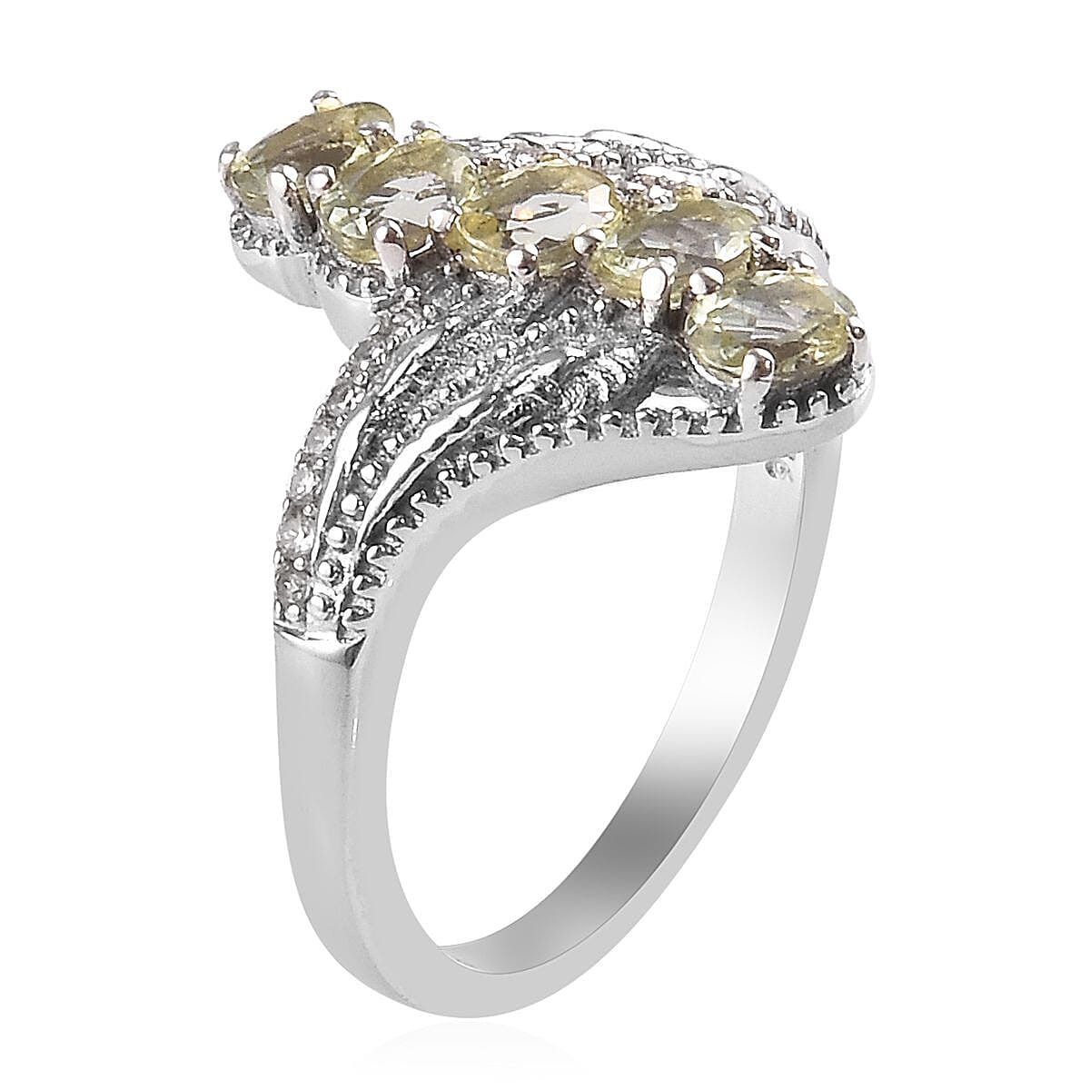 AA Madagascar Yellow Apatite and Natural Cambodian Zircon Crossover Ring in Platinum Overlay Sterling Silver 1.158 Ct.