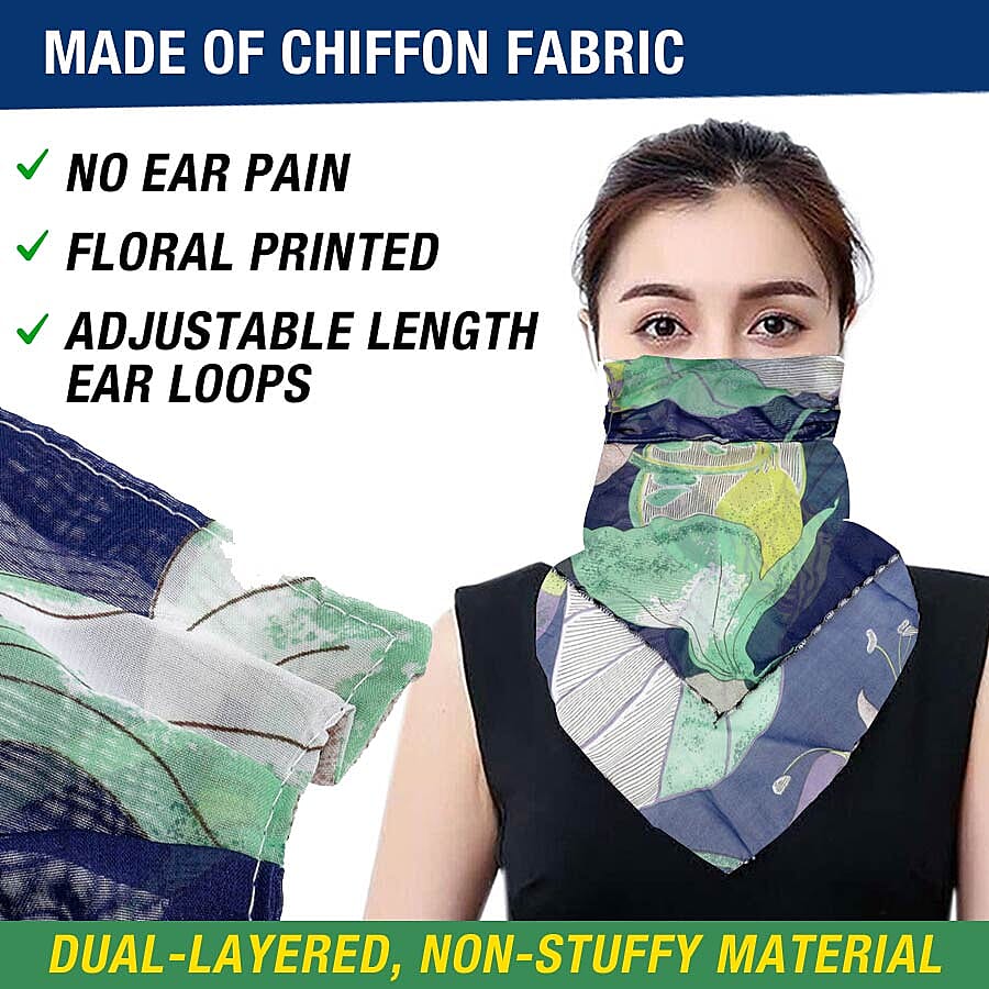 2 in 1 Flower Pattern Chiffon Soft Feel Scarf and Protective Face Mask (Size 45x45 Cm) - Blue