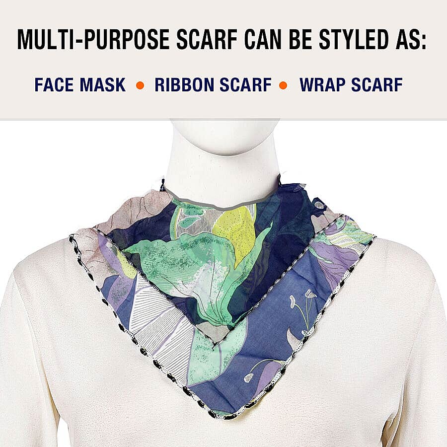 2 in 1 Flower Pattern Chiffon Soft Feel Scarf and Protective Face Mask (Size 45x45 Cm) - Blue