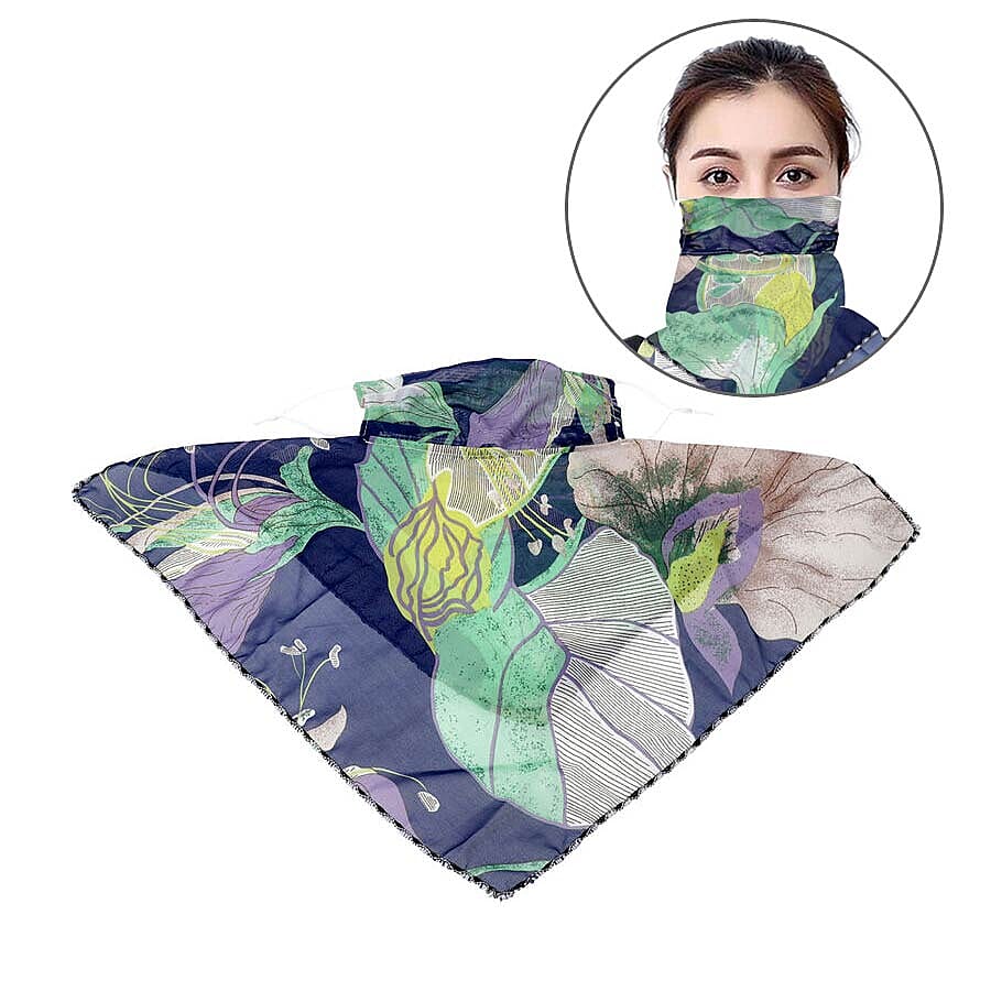 2 in 1 Flower Pattern Chiffon Soft Feel Scarf and Protective Face Mask (Size 45x45 Cm) - Blue