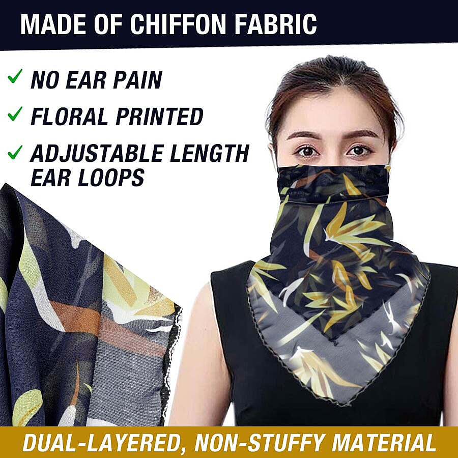 2 in 1 Flower Pattern Chiffon Soft Feel Scarf and Protective Face Mask (Size 45x45 Cm) - Navy