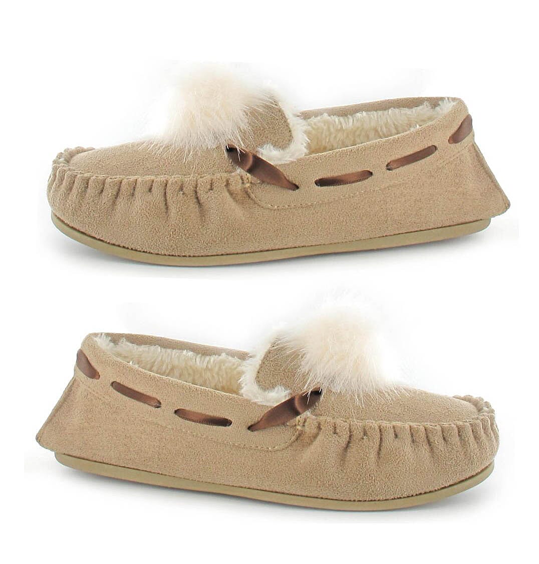 Ella Paula Supersoft Moccasin Pom Pom Slipper in Beige Colour