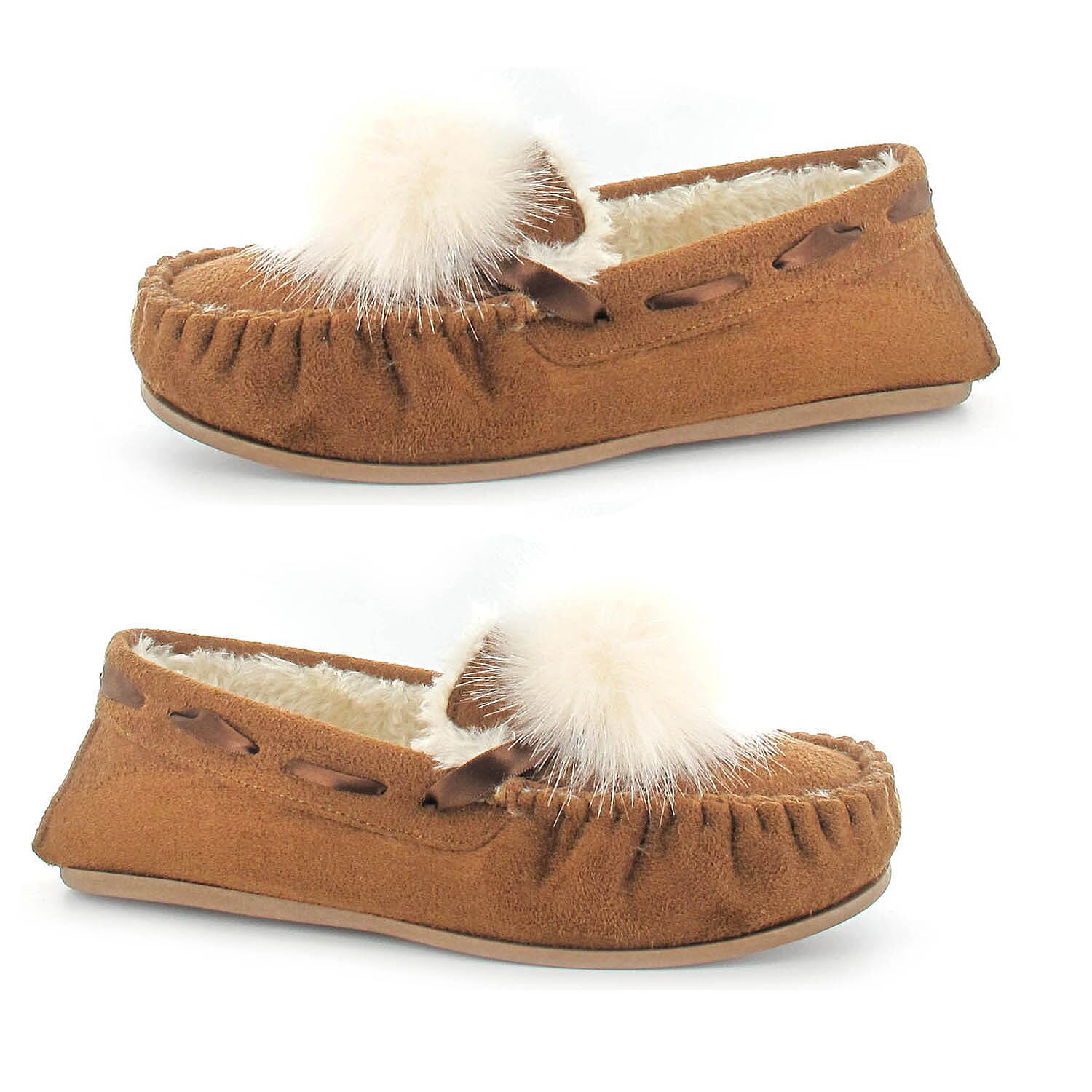 Ella Paula Supersoft Moccasin Pom Pom Slipper in Chestnut Colour