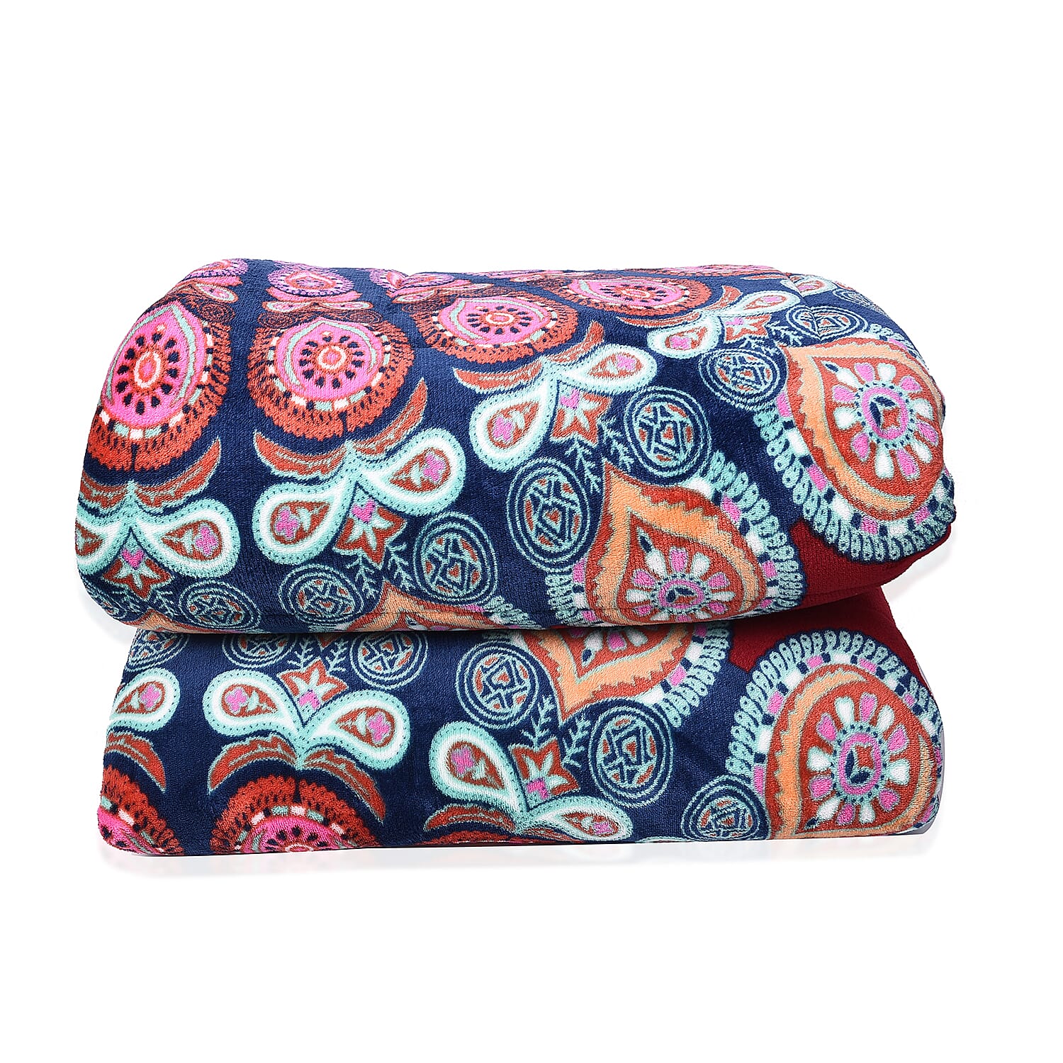 Set of 3 - Microflannel Mandale Printed Comforter in King Size with Sherpa Lining with 2 Sherpa Pillowcases - Red and Multi Colour (230cm x 250cm)