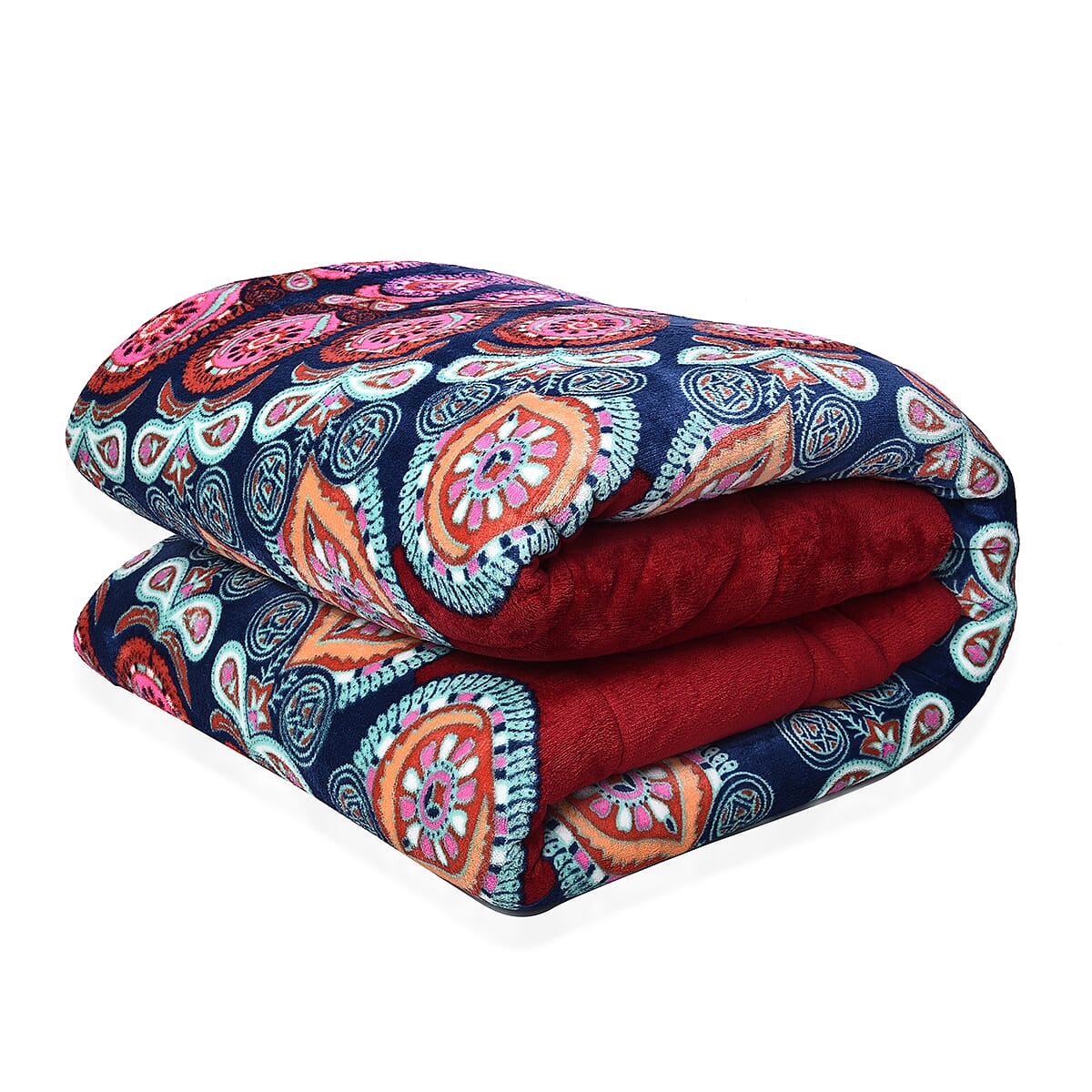 Set of 3 - Microflannel Mandale Printed Comforter in King Size with Sherpa Lining with 2 Sherpa Pillowcases - Red and Multi Colour (230cm x 250cm)