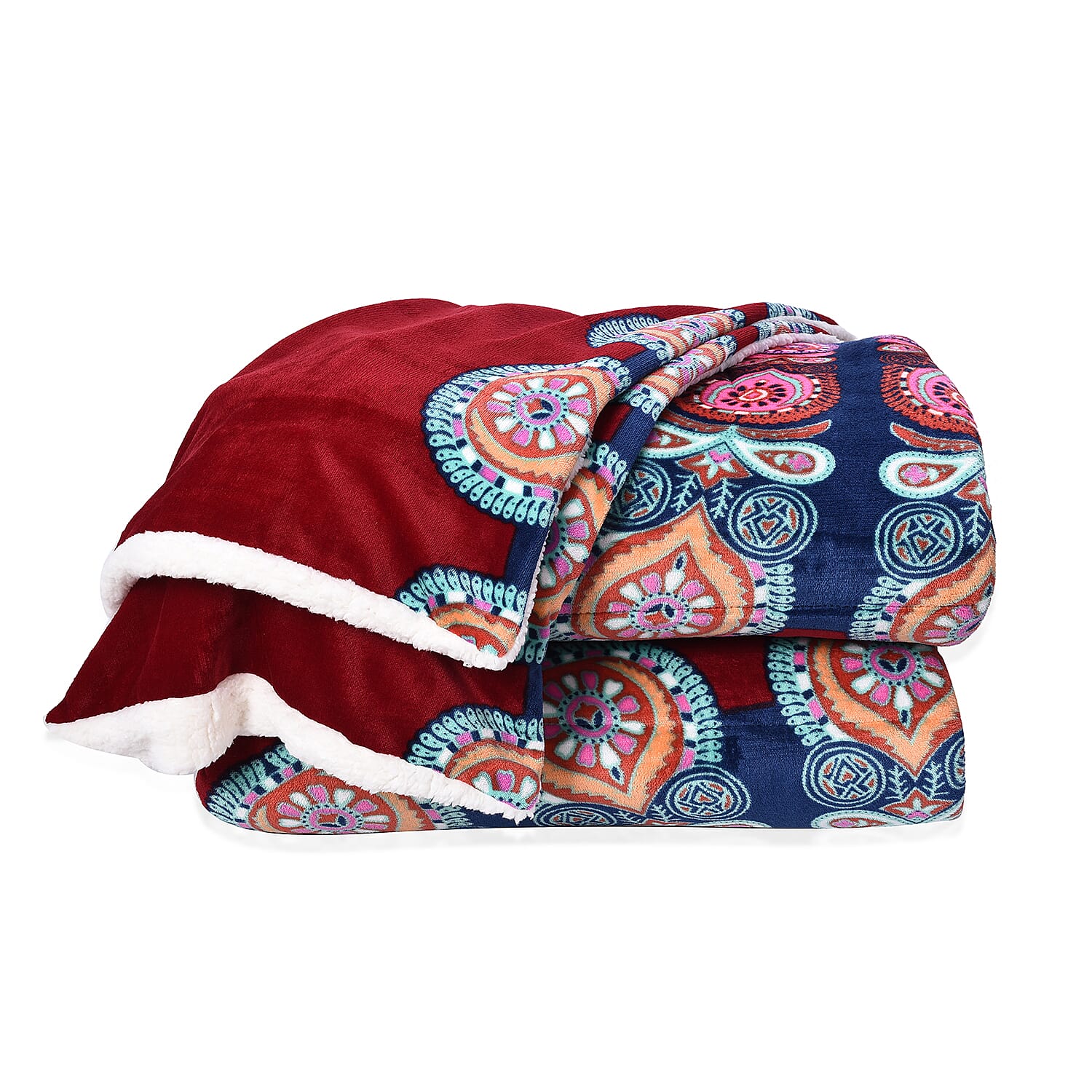 Set of 3 - Microflannel Mandale Printed Comforter in King Size with Sherpa Lining with 2 Sherpa Pillowcases - Red and Multi Colour (230cm x 250cm)