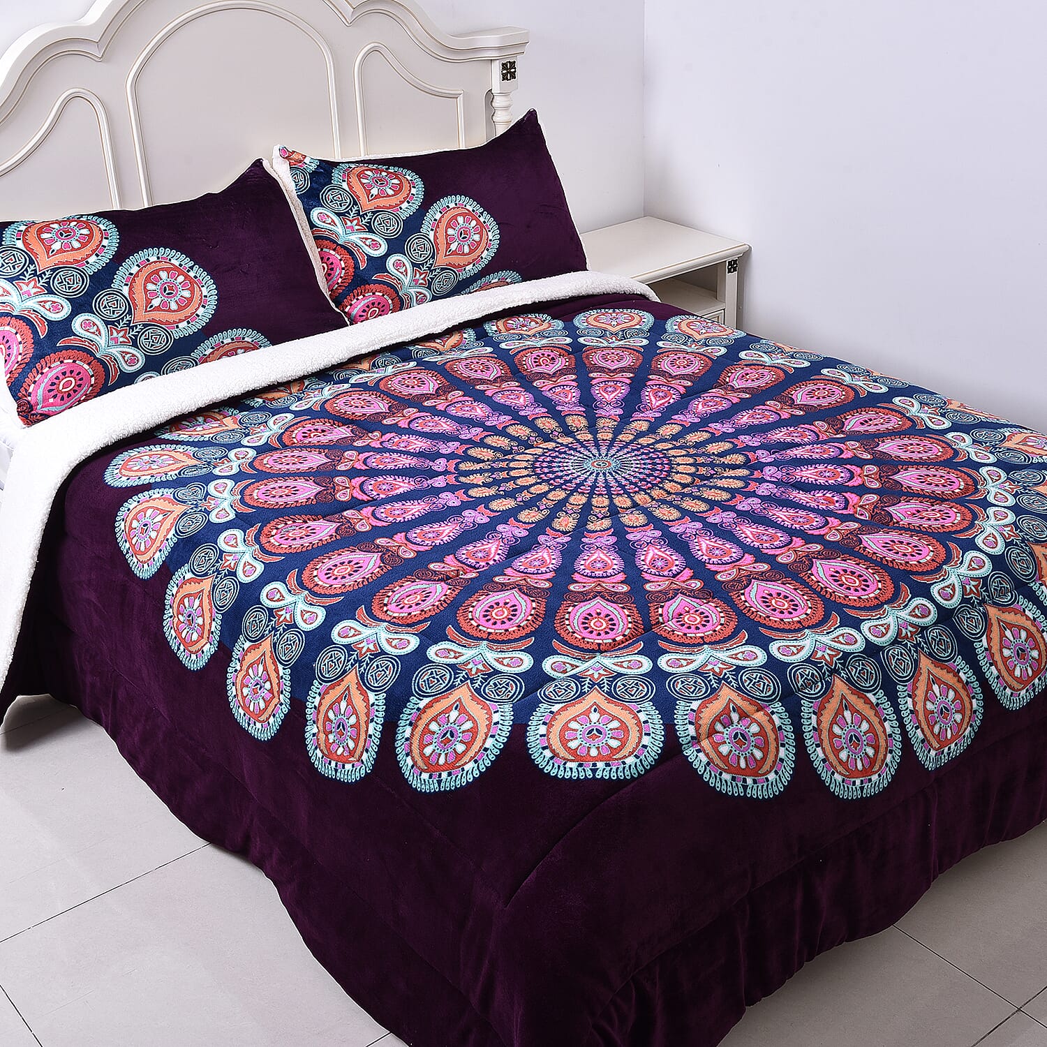 Set of 3 - Microflannel Mandala Printed Comforter in King Size with Sherpa Lining with 2 Sherpa Pillowcases - Purple and Multi Colour - (230cm x 250cm)
