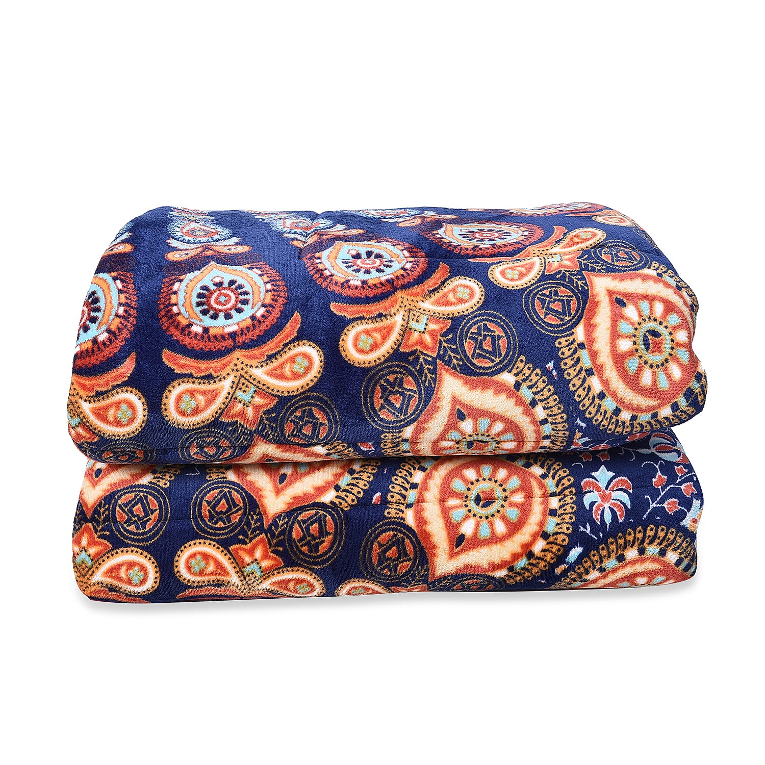 Set of 3 - Microflannel Mandala Printed Comforter in King Size with Sherpa Lining with 2 Sherpa Pillowcases - Navy, Orange and Multi Colour (230x250 Cm)
