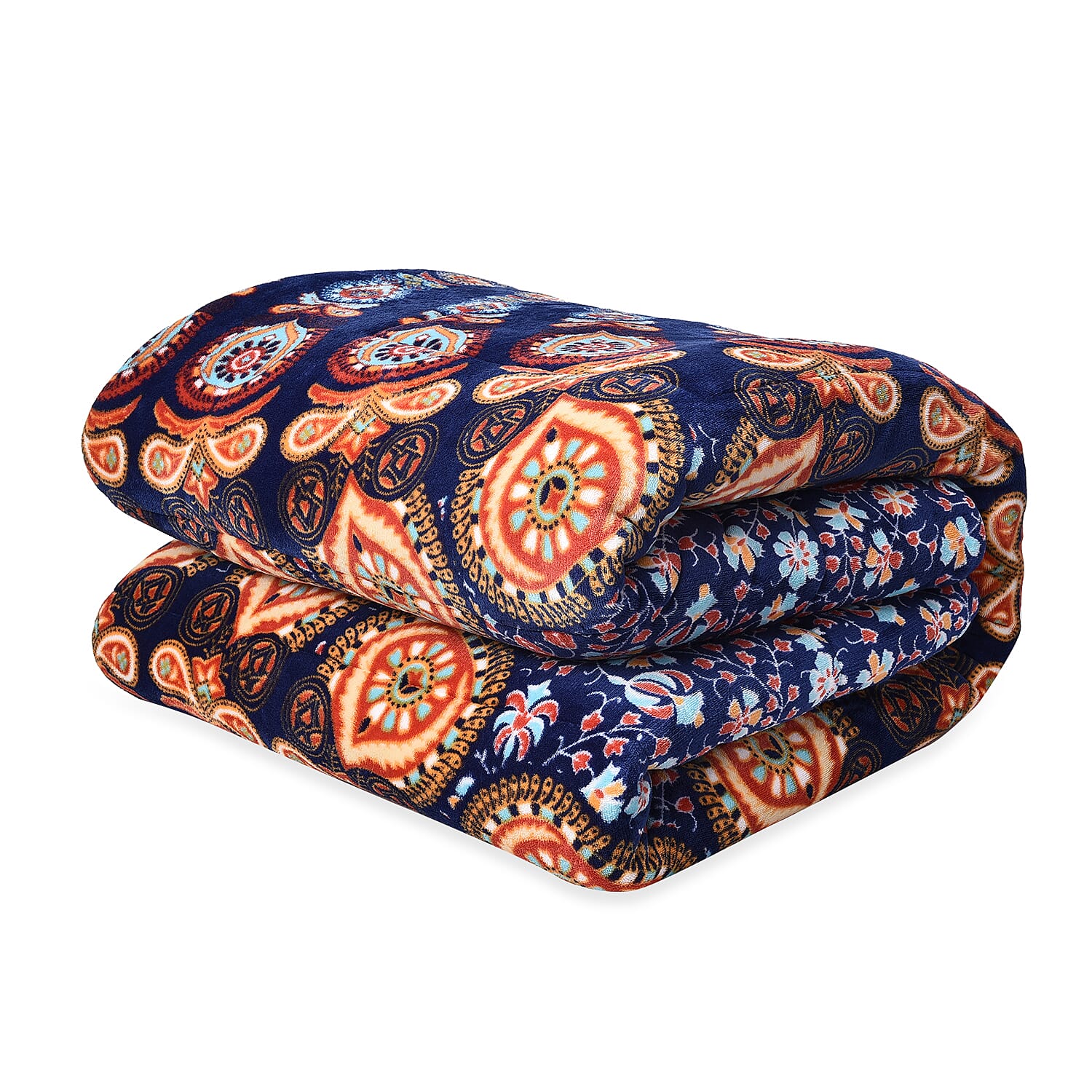 Set of 3 - Microflannel Mandala Printed Comforter in King Size with Sherpa Lining with 2 Sherpa Pillowcases - Navy, Orange and Multi Colour (230x250 Cm)
