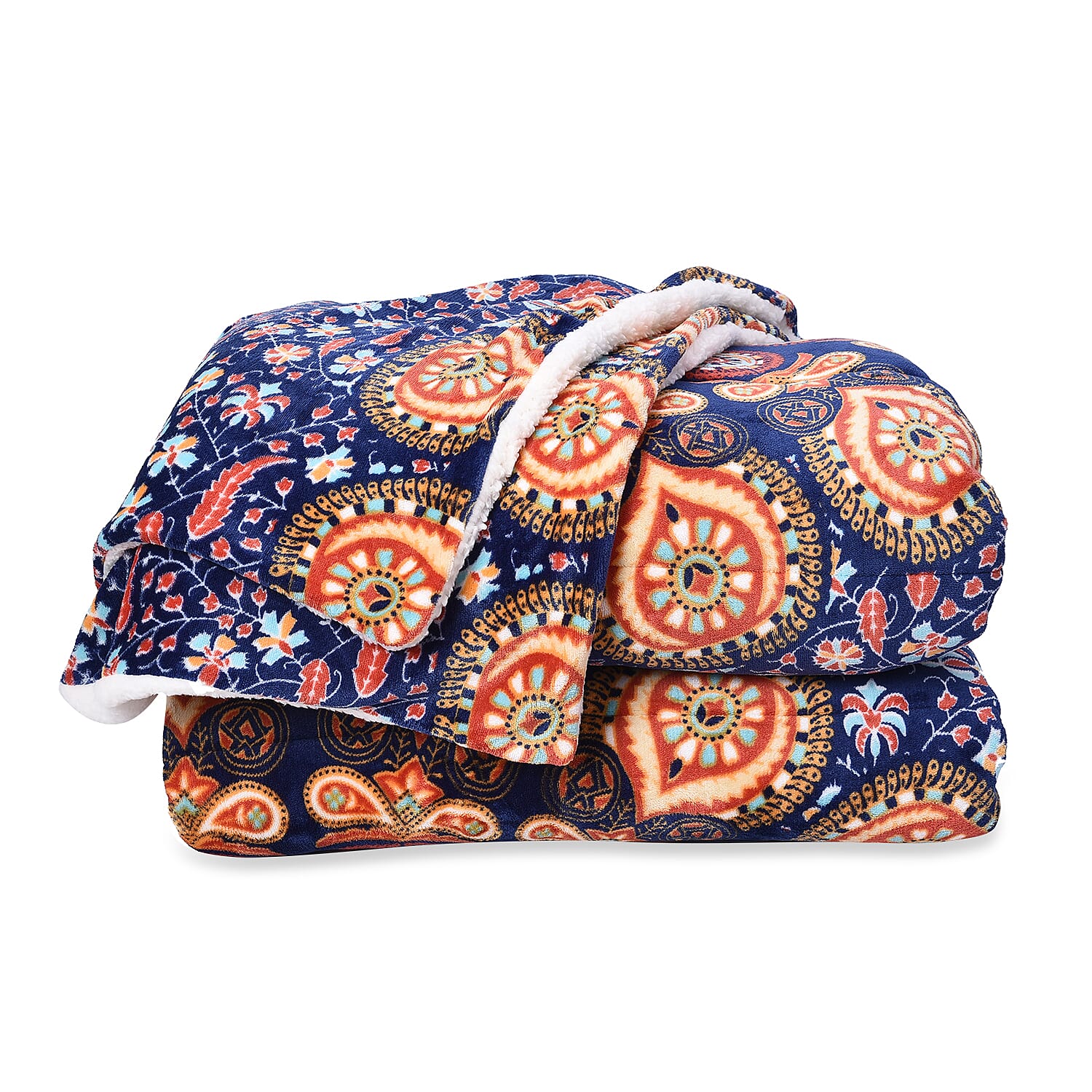 Set of 3 - Microflannel Mandala Printed Comforter in King Size with Sherpa Lining with 2 Sherpa Pillowcases - Navy, Orange and Multi Colour (230x250 Cm)