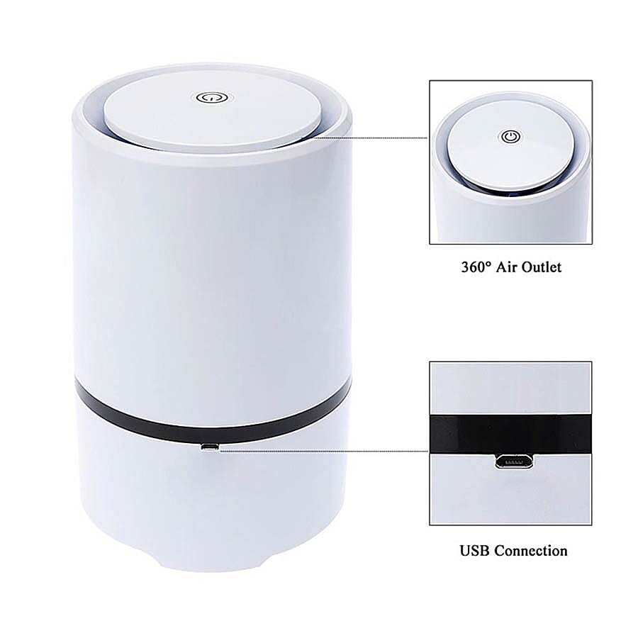 Portable Mini Air Purifier with HEPA & Activated Carbon Filter (Size 12.5x12.5x19.4cm) - White