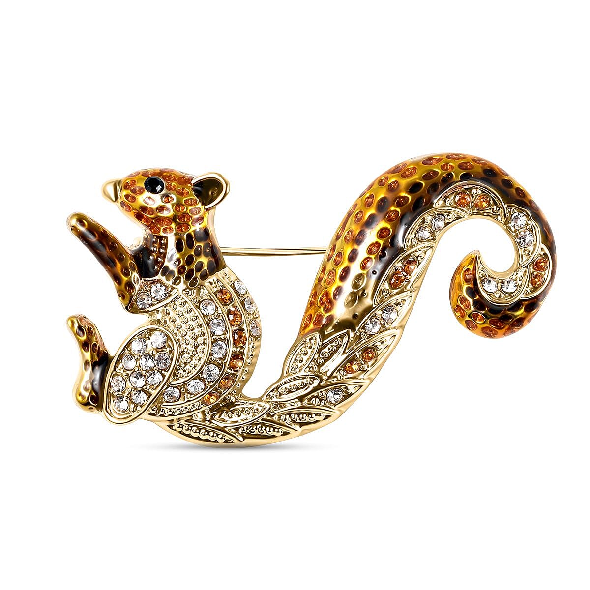 Multi Colour Austrian Crystal Enamelled Squirrel Brooch in Yellow Gold Tone