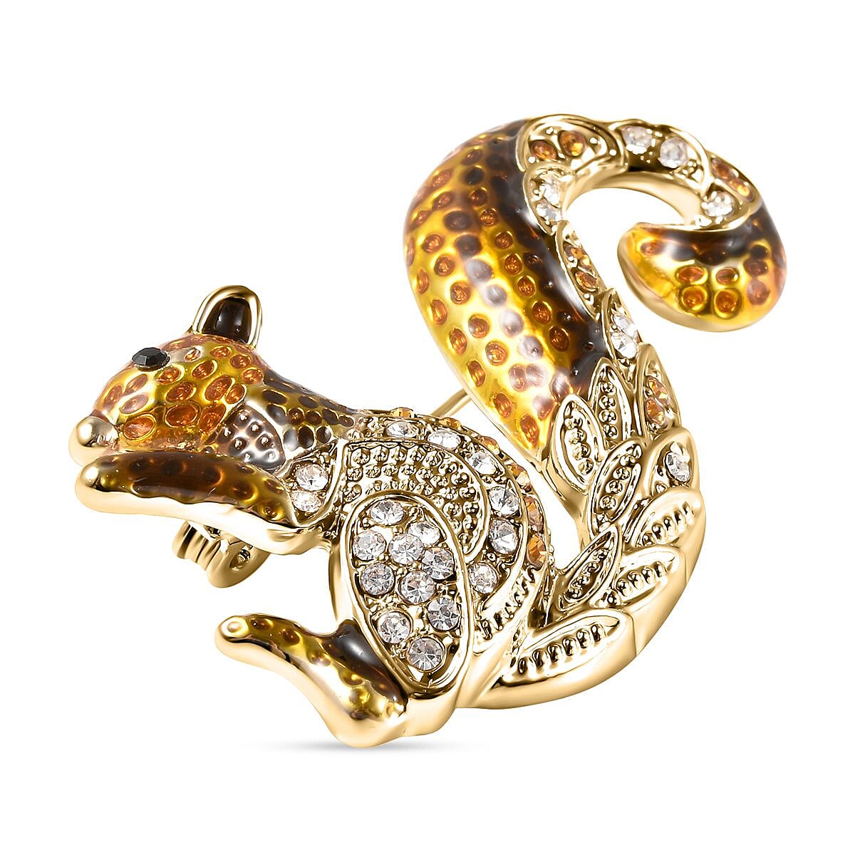 Multi Colour Austrian Crystal Enamelled Squirrel Brooch in Yellow Gold Tone