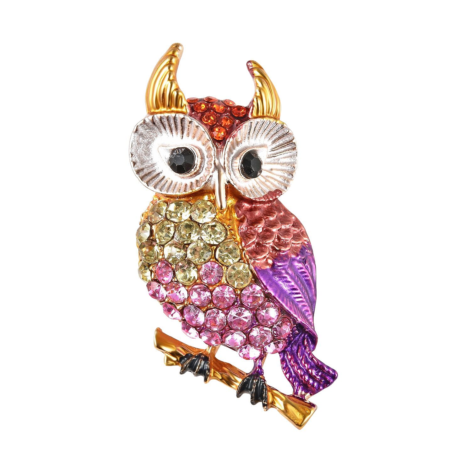 Multi Colour Austrian Owl Crystal Brooch in Gold Tone