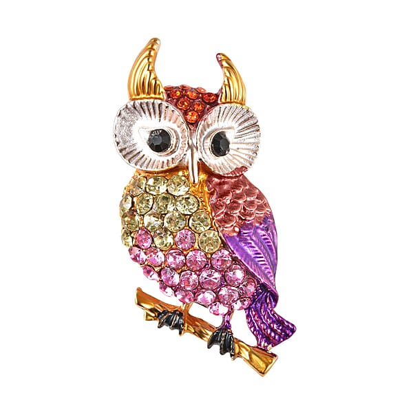 Multi Colour Austrian Owl Crystal Brooch in Gold Tone - 3594928 - TJC