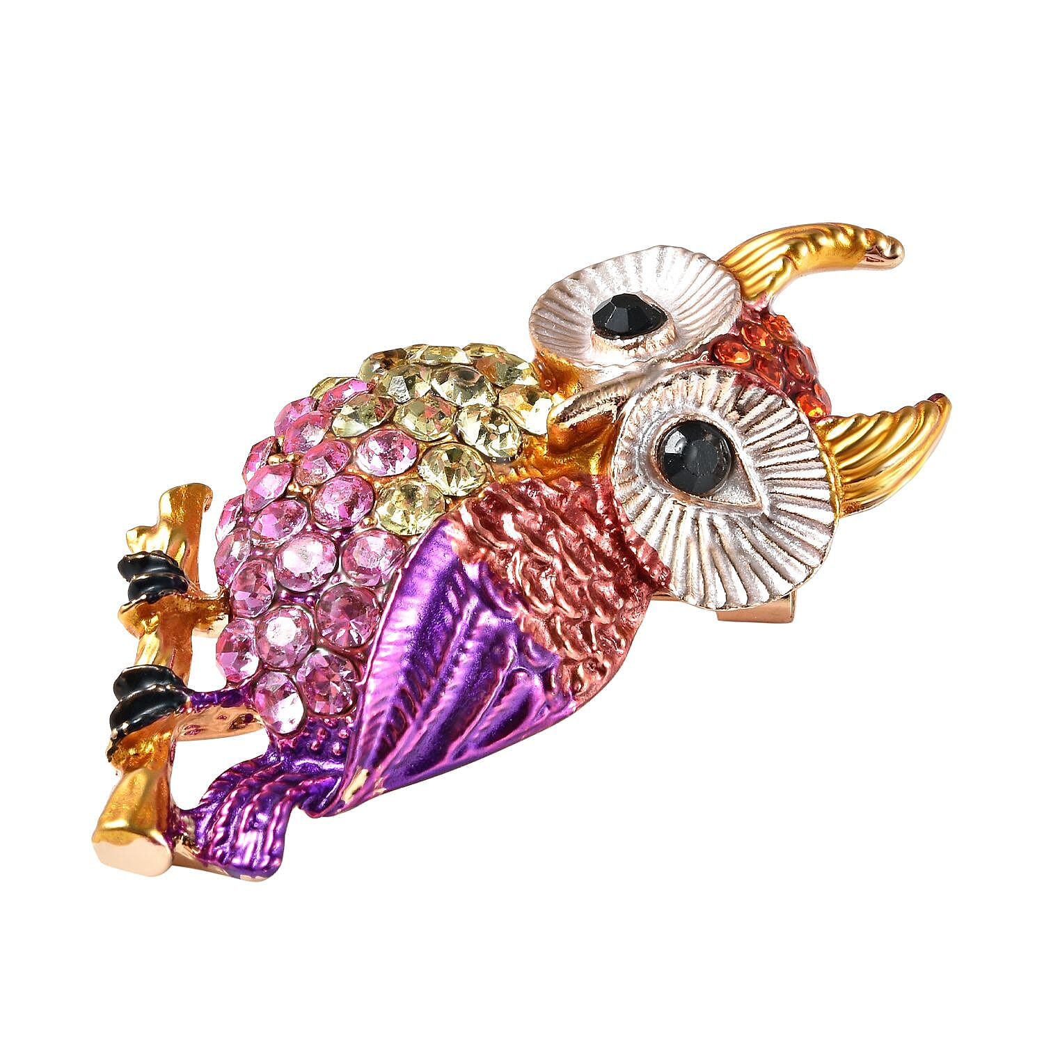 Multi Colour Austrian Owl Crystal Brooch in Gold Tone
