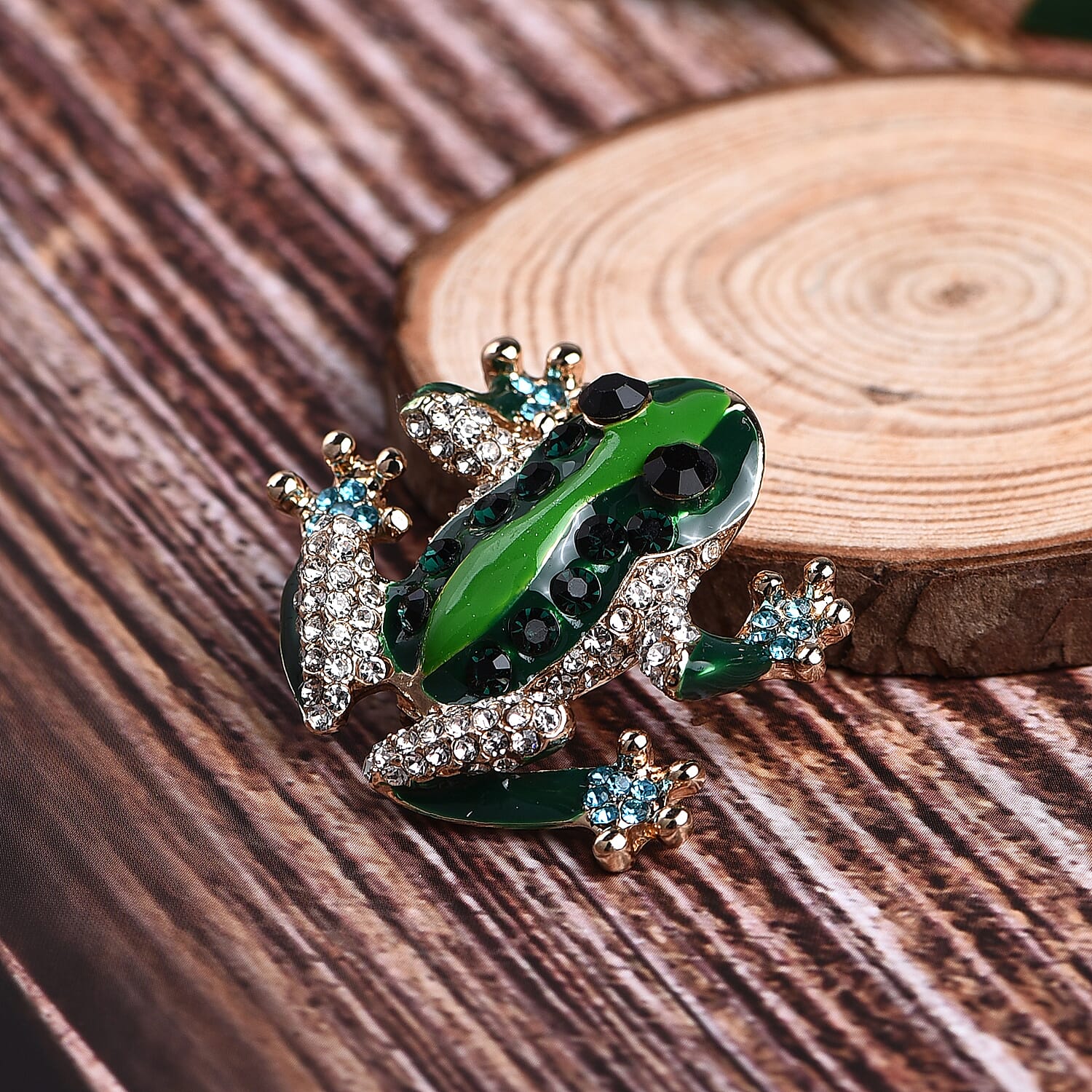 Multi Colour Austrian Crystal Enamelled Frog Brooch in Gold Tone