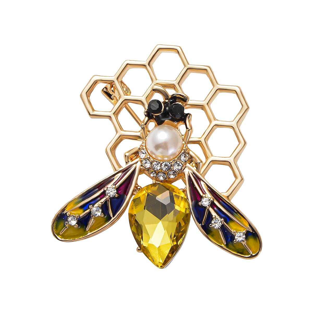 Simulated Champagne Diamond, Simulated Pearl, Black and White Austrian Crystal Enamelled Honey Bee Brooch in Gold Tone