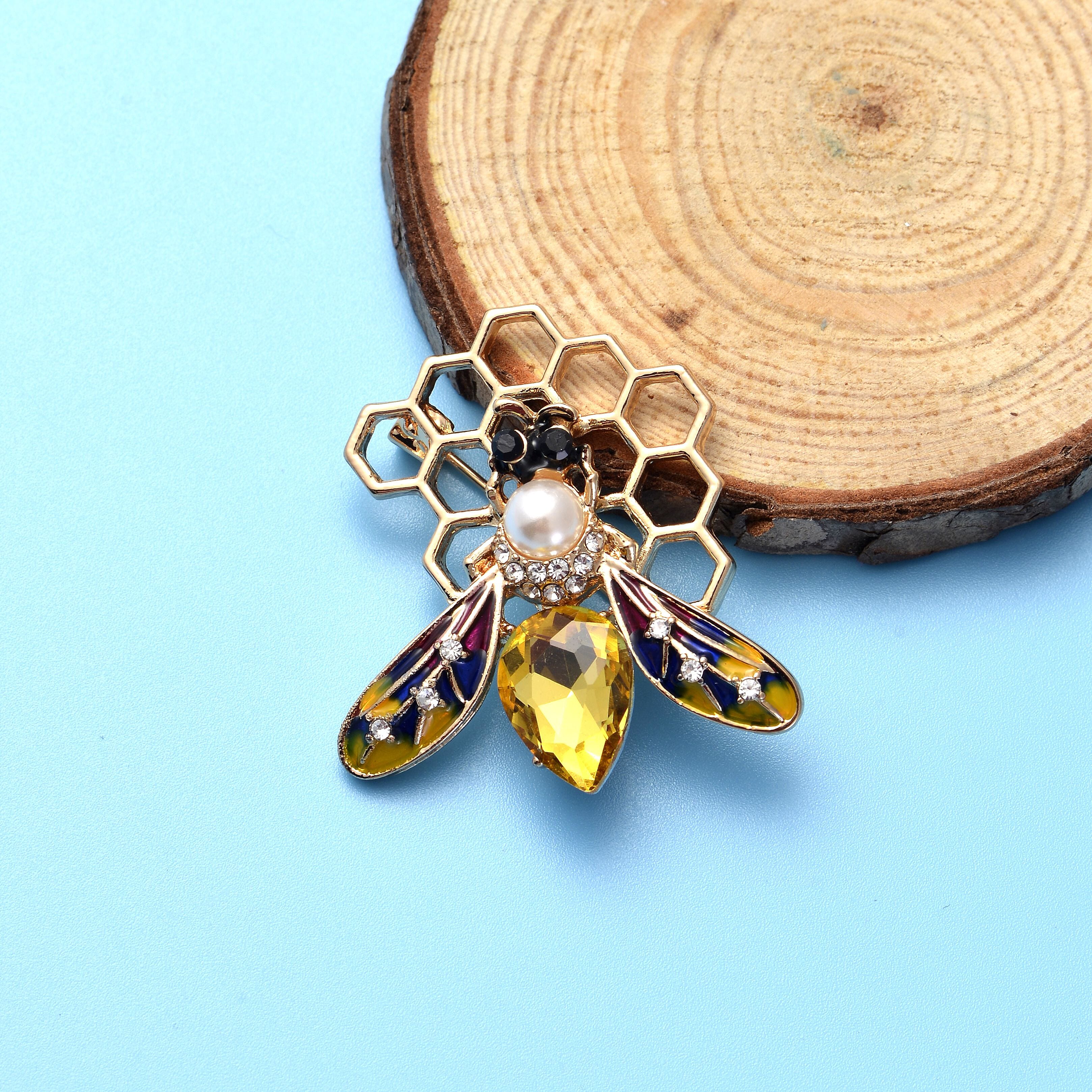 Simulated Champagne Diamond, Simulated Pearl, Black and White Austrian Crystal Enamelled Honey Bee Brooch in Gold Tone