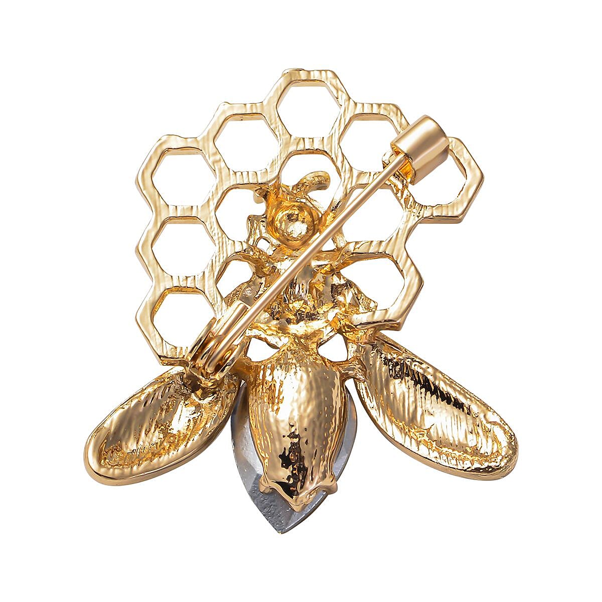 Simulated Champagne Diamond, Simulated Pearl, Black and White Austrian Crystal Enamelled Honey Bee Brooch in Gold Tone