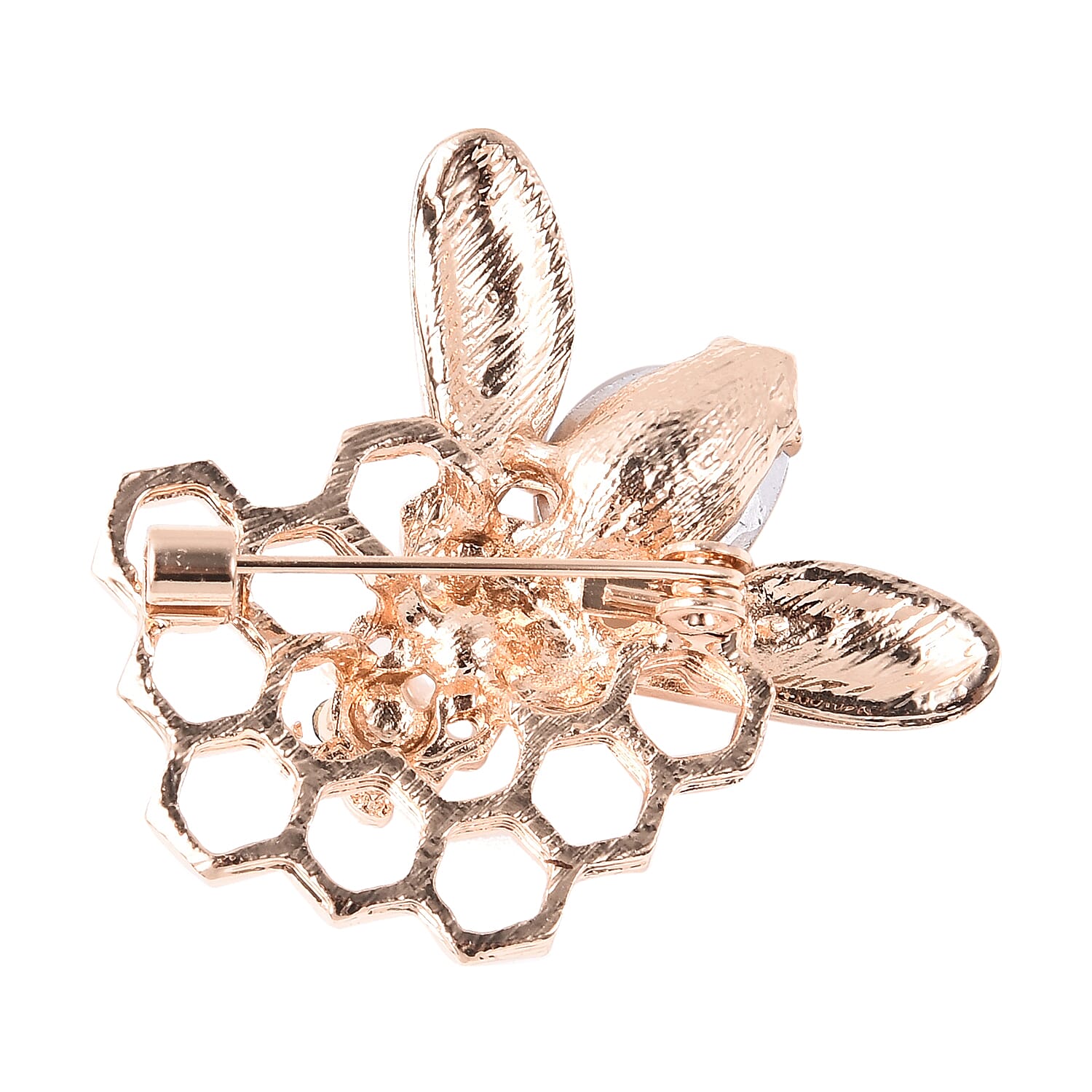 Simulated Champagne Diamond, Simulated Pearl, Black and White Austrian Crystal Enamelled Honey Bee Brooch in Gold Tone