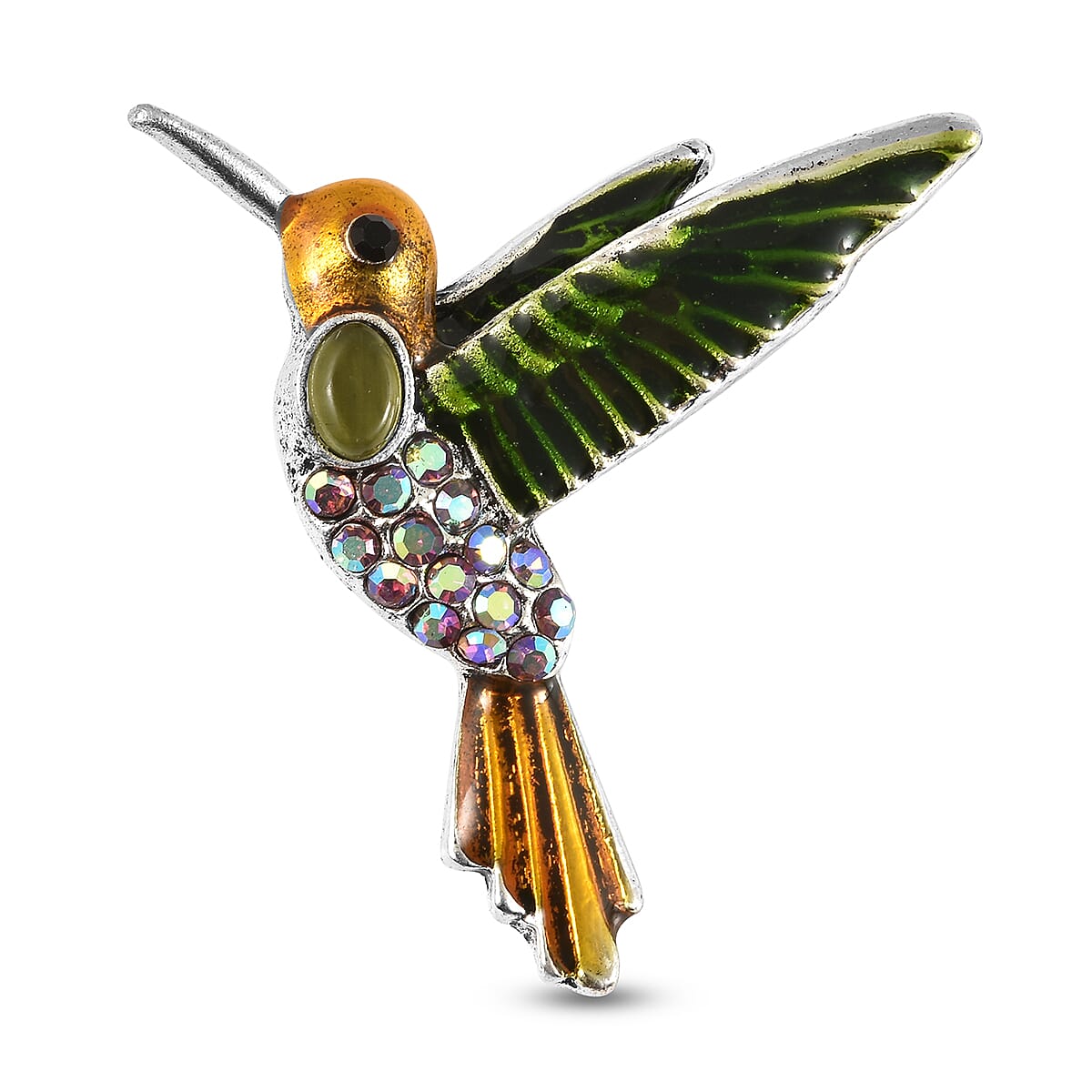 Simulated Green Cats Eye, Black Austrian Crystal and Purple Magic Colour Austrian Crystal Enamelled Hummingbird Brooch in Silver Tone