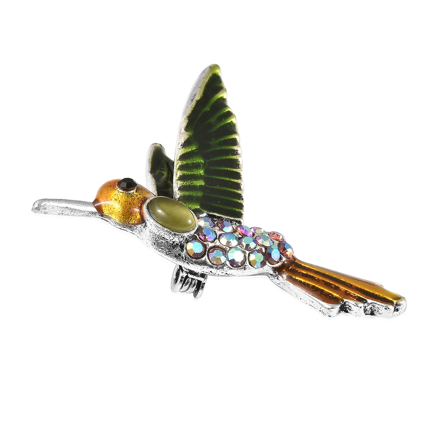 Simulated Green Cats Eye, Black Austrian Crystal and Purple Magic Colour Austrian Crystal Enamelled Hummingbird Brooch in Silver Tone