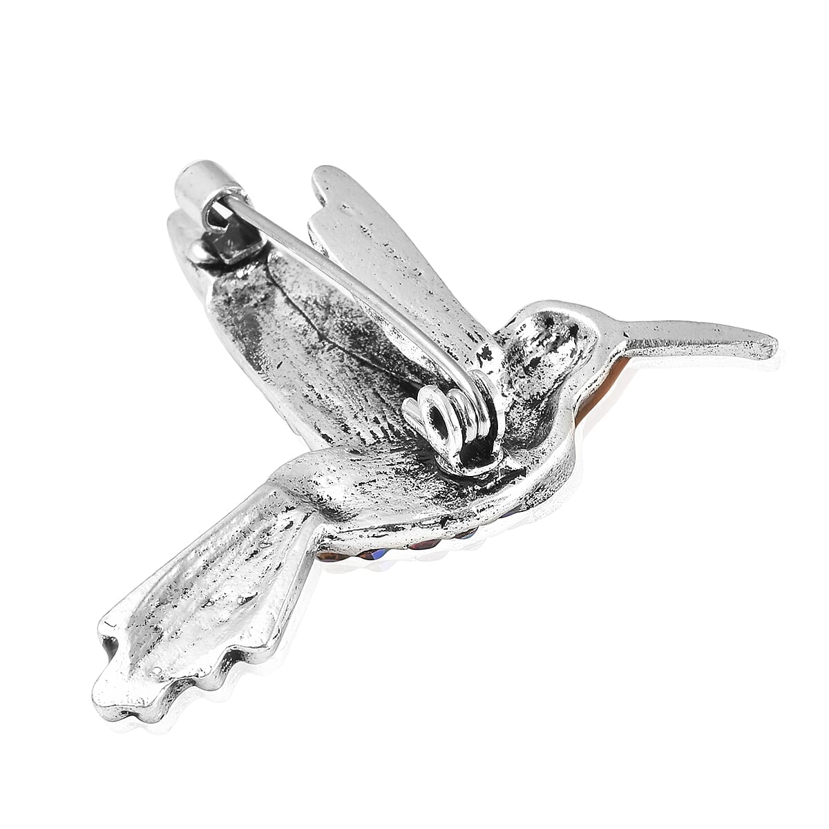 Simulated Green Cats Eye, Black Austrian Crystal and Purple Magic Colour Austrian Crystal Enamelled Hummingbird Brooch in Silver Tone