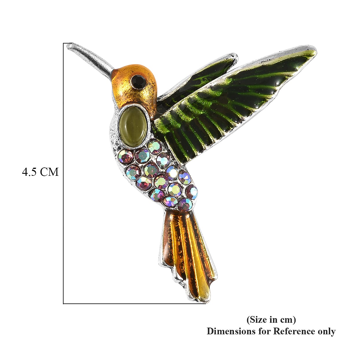 Simulated Green Cats Eye, Black Austrian Crystal and Purple Magic Colour Austrian Crystal Enamelled Hummingbird Brooch in Silver Tone