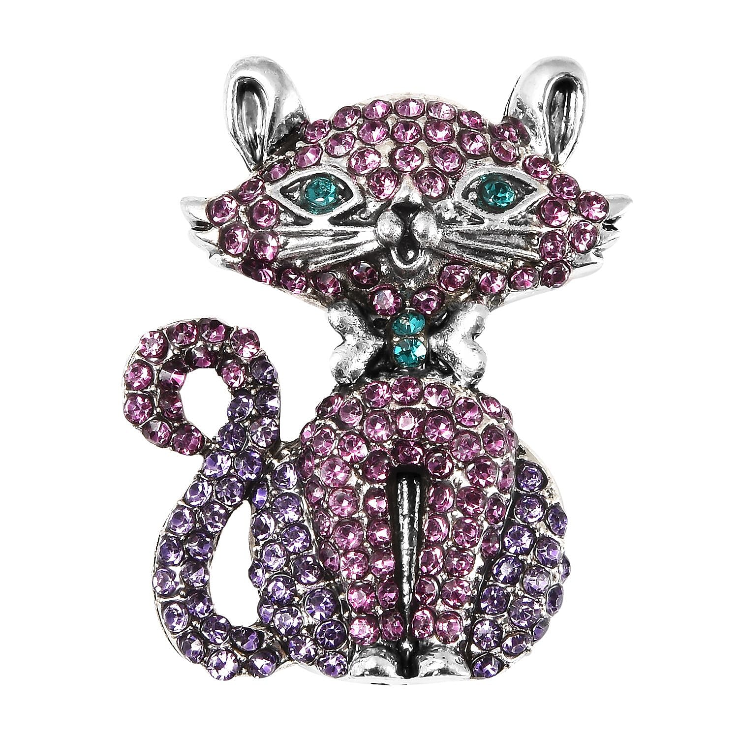 Multi Colour Austrian Crystal Enamelled Cat Brooch in Silver Tone