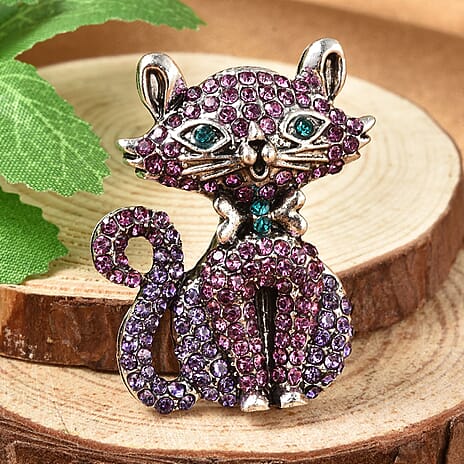 Multi Colour Austrian Crystal Enamelled Cat Brooch in Silver Tone